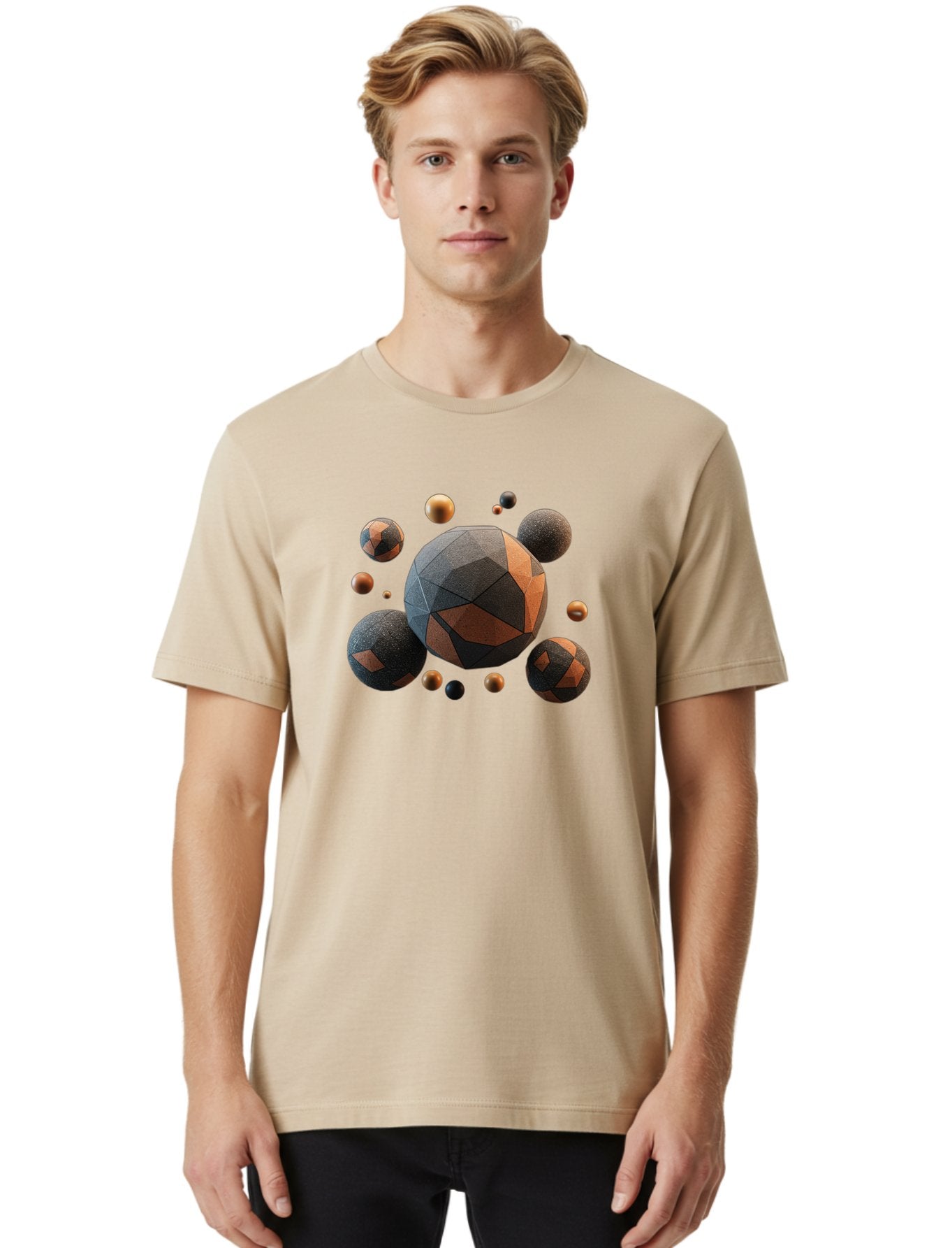 Geometric-Spheres Men'S Graphic Tee, 100% Cotton, Comfortable Casual Summer Wear, Machine Washable, Geometric Shapes, 3D Rendering, Abstract Art, Spherical Forms, Dark Grey And Orange Hues, Futuristic Design, Modern Aesthetic, Bad133 29