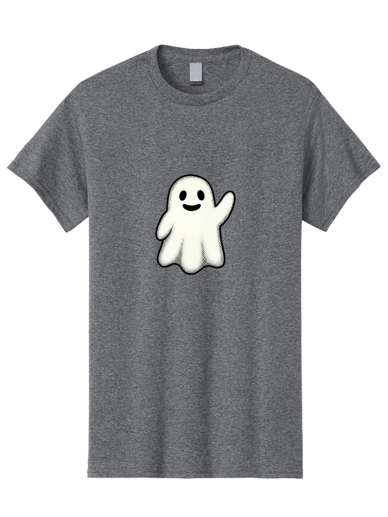 Ghost Men'S Graphic Tee, 100% Cotton, Comfortable Casual Summer Wear, Machine Washable, Cartoon Ghost, Friendly Spirit, White Ghost Character, Smiley Face, Waving Gesture, Simple Illustration, Black Outline, Digital Art, Cute Design, Bad136