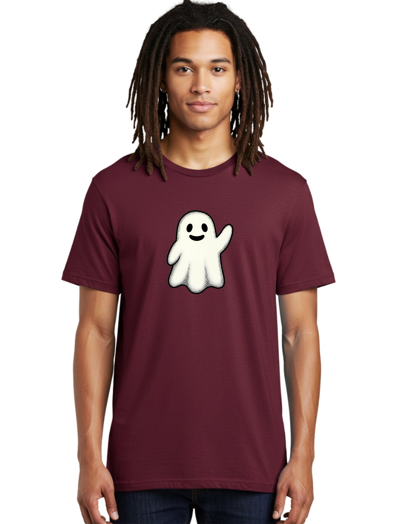 Ghost Men'S Graphic Tee, 100% Cotton, Comfortable Casual Summer Wear, Machine Washable, Cartoon Ghost, Friendly Spirit, White Ghost Character, Smiley Face, Waving Gesture, Simple Illustration, Black Outline, Digital Art, Cute Design, Bad136 28