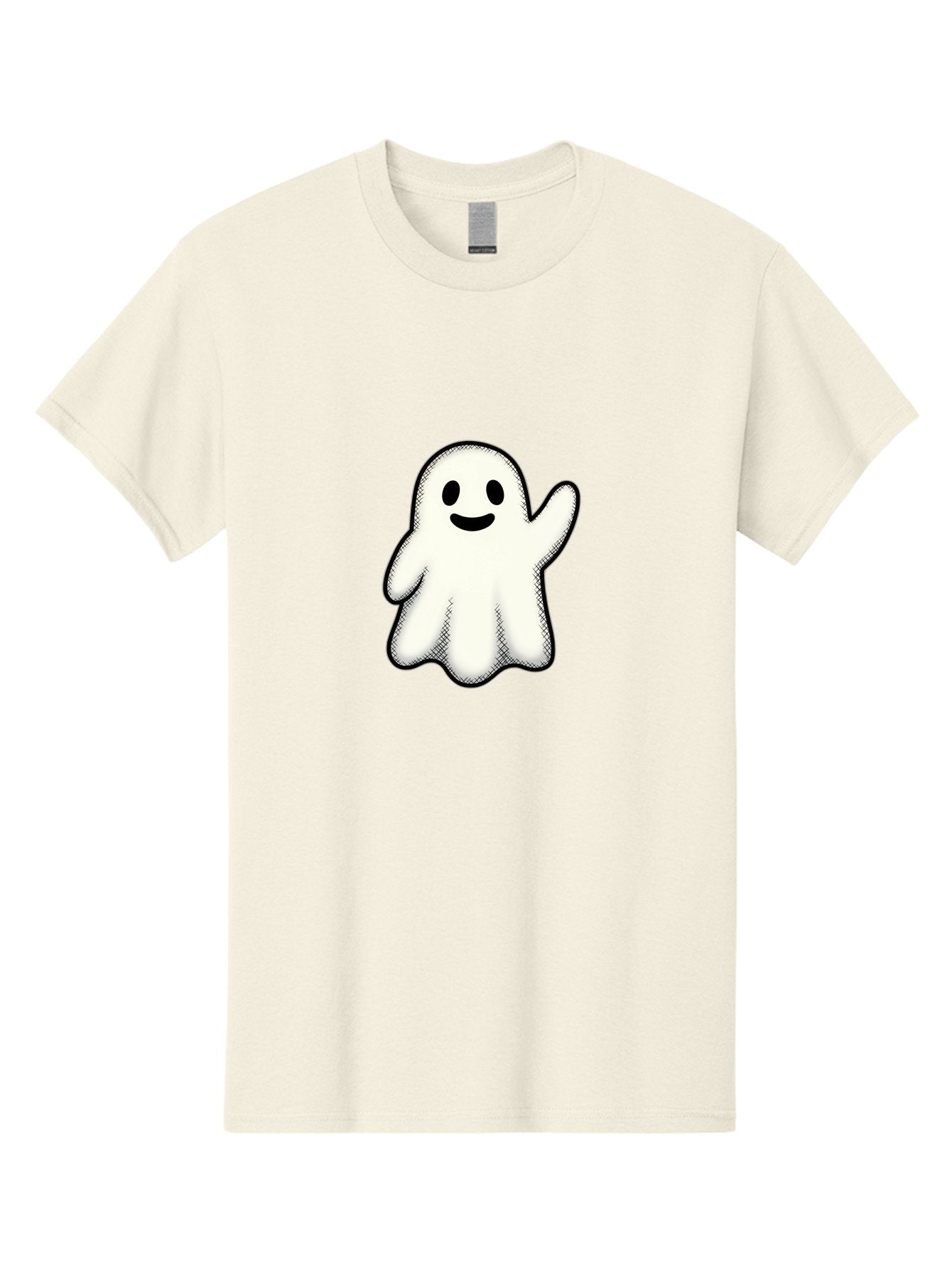 Ghost Men'S Graphic Tee, 100% Cotton, Comfortable Casual Summer Wear, Machine Washable, Cartoon Ghost, Friendly Spirit, White Ghost Character, Smiley Face, Waving Gesture, Simple Illustration, Black Outline, Digital Art, Cute Design, Bad136 3