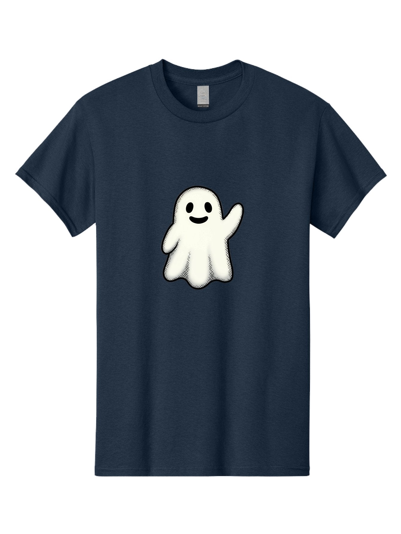 Ghost Men'S Graphic Tee, 100% Cotton, Comfortable Casual Summer Wear, Machine Washable, Cartoon Ghost, Friendly Spirit, White Ghost Character, Smiley Face, Waving Gesture, Simple Illustration, Black Outline, Digital Art, Cute Design, Bad136 7