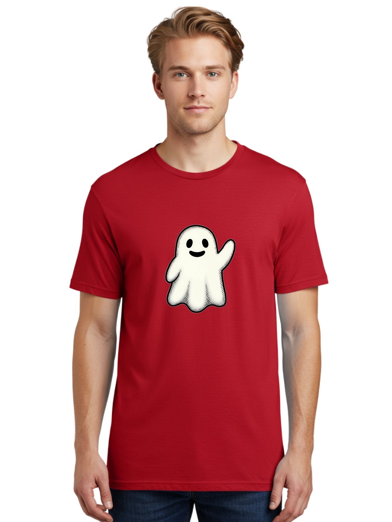 Ghost Men'S Graphic Tee, 100% Cotton, Comfortable Casual Summer Wear, Machine Washable, Cartoon Ghost, Friendly Spirit, White Ghost Character, Smiley Face, Waving Gesture, Simple Illustration, Black Outline, Digital Art, Cute Design, Bad136 24