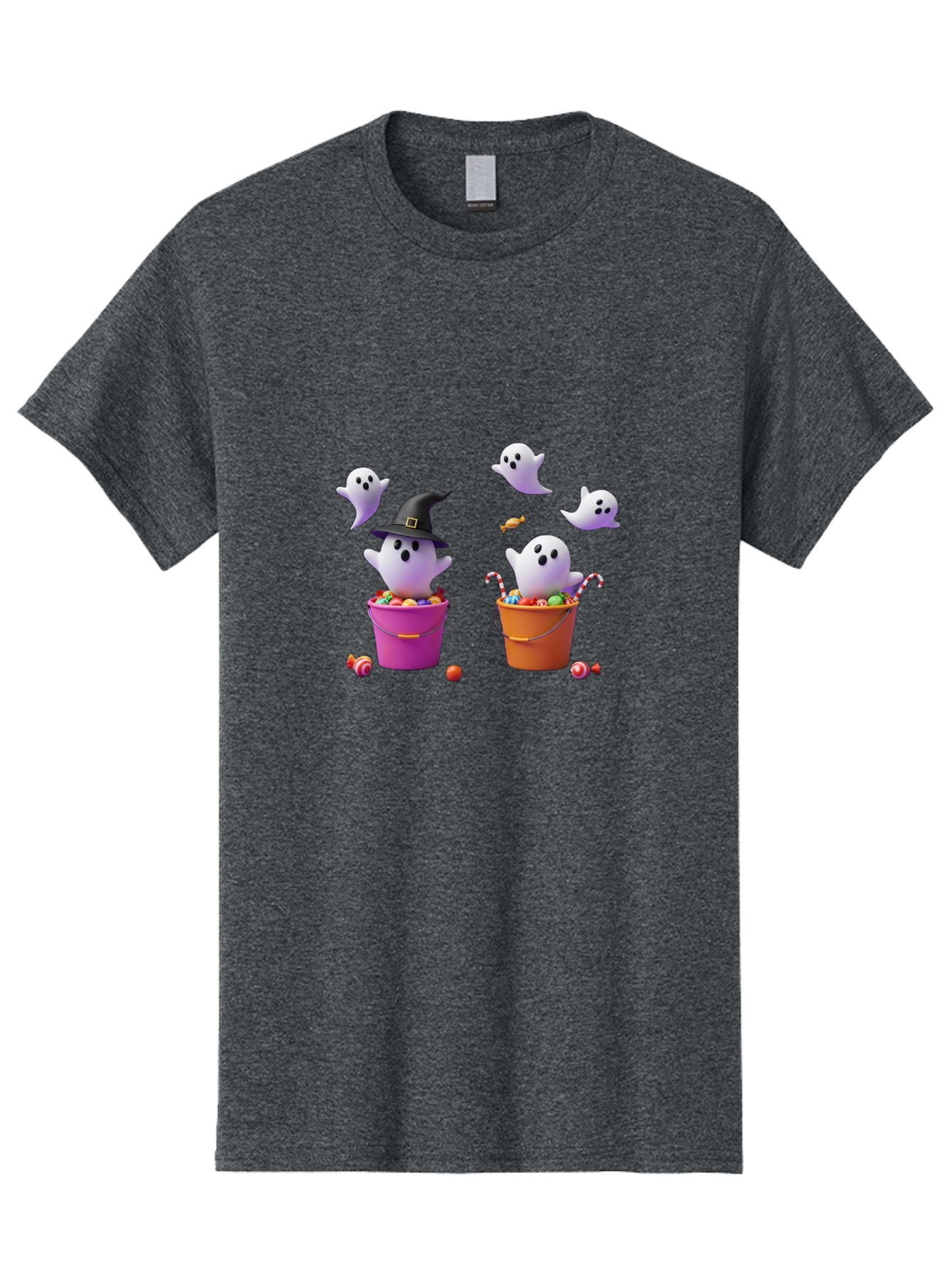 Ghosts-And-Buckets Men'S Graphic Tee, 100% Cotton, Comfortable Casual Summer Wear, Machine Washable, Halloween Ghosts, Candy-Filled Buckets, Witch Hat, Halloween Treats, Trick-Or-Treat, Spooky Decorations, Cartoon Style, Festive Atmosphere Bad137