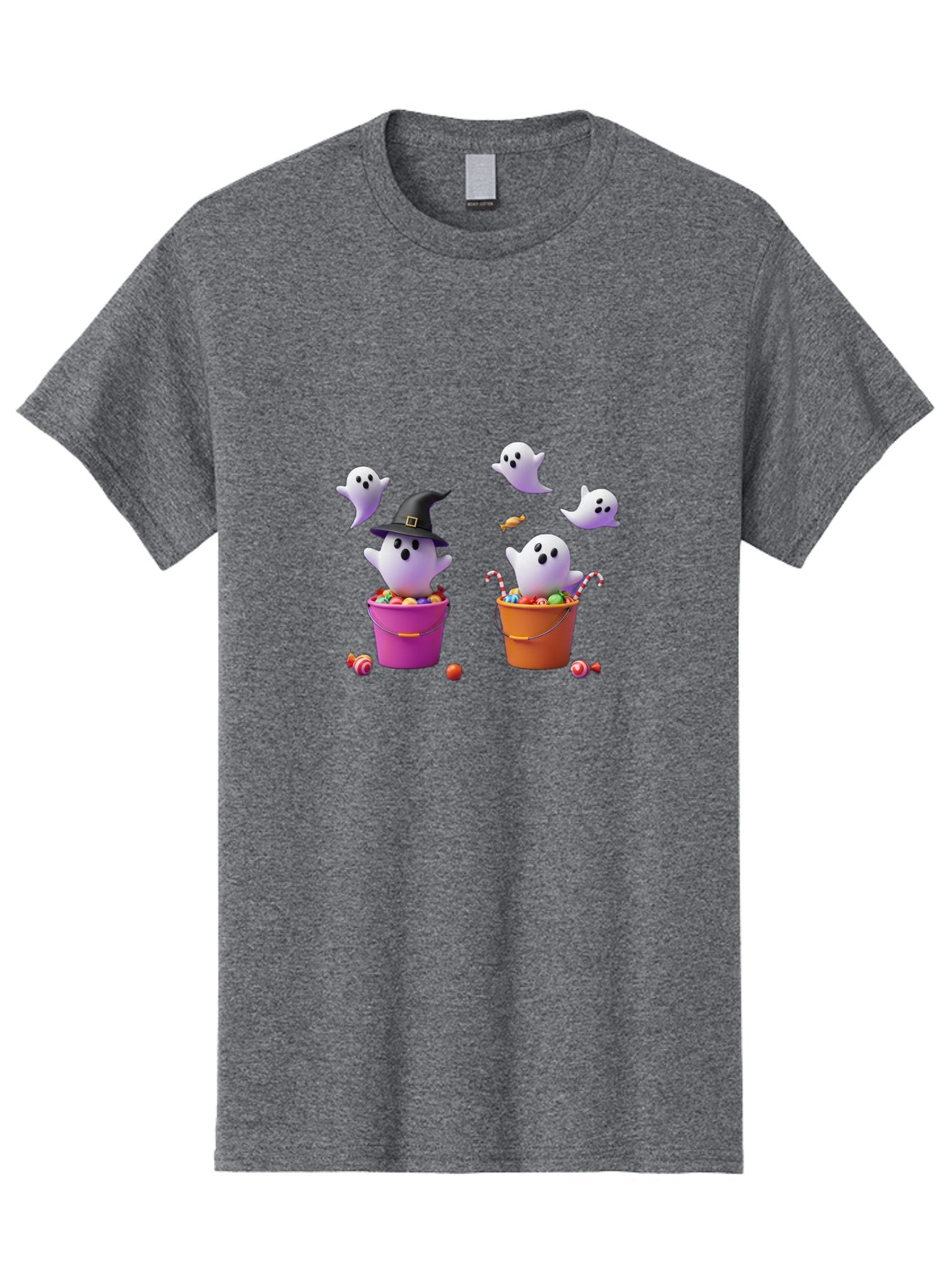Ghosts-And-Buckets Men'S Graphic Tee, 100% Cotton, Comfortable Casual Summer Wear, Machine Washable, Halloween Ghosts, Candy-Filled Buckets, Witch Hat, Halloween Treats, Trick-Or-Treat, Spooky Decorations, Cartoon Style, Festive Atmosphere Bad137 3