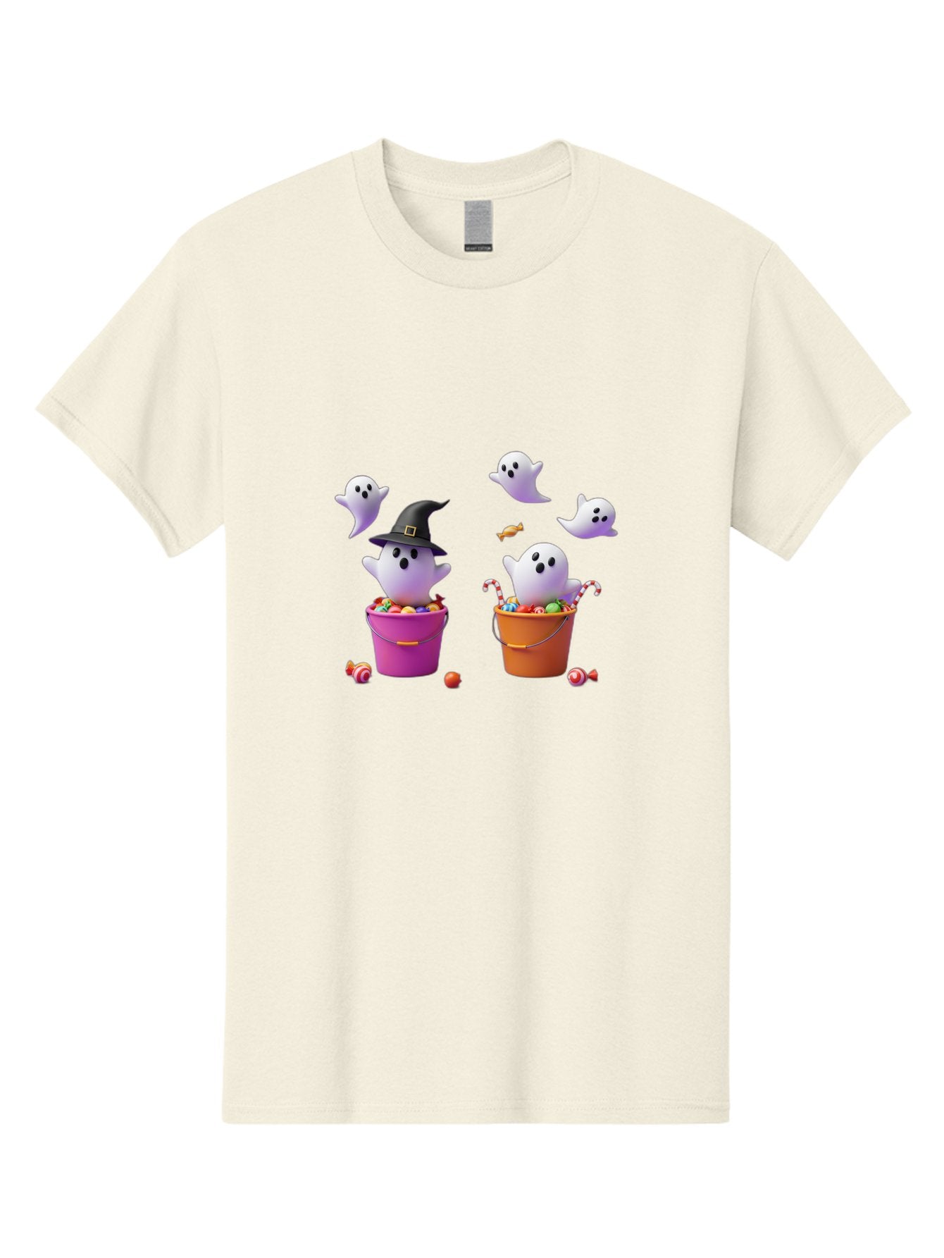 Ghosts-And-Buckets Men'S Graphic Tee, 100% Cotton, Comfortable Casual Summer Wear, Machine Washable, Halloween Ghosts, Candy-Filled Buckets, Witch Hat, Halloween Treats, Trick-Or-Treat, Spooky Decorations, Cartoon Style, Festive Atmosphere Bad137