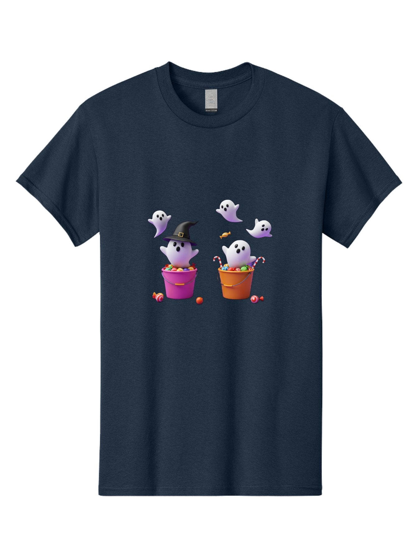 Ghosts-And-Buckets Men'S Graphic Tee, 100% Cotton, Comfortable Casual Summer Wear, Machine Washable, Halloween Ghosts, Candy-Filled Buckets, Witch Hat, Halloween Treats, Trick-Or-Treat, Spooky Decorations, Cartoon Style, Festive Atmosphere Bad137 13
