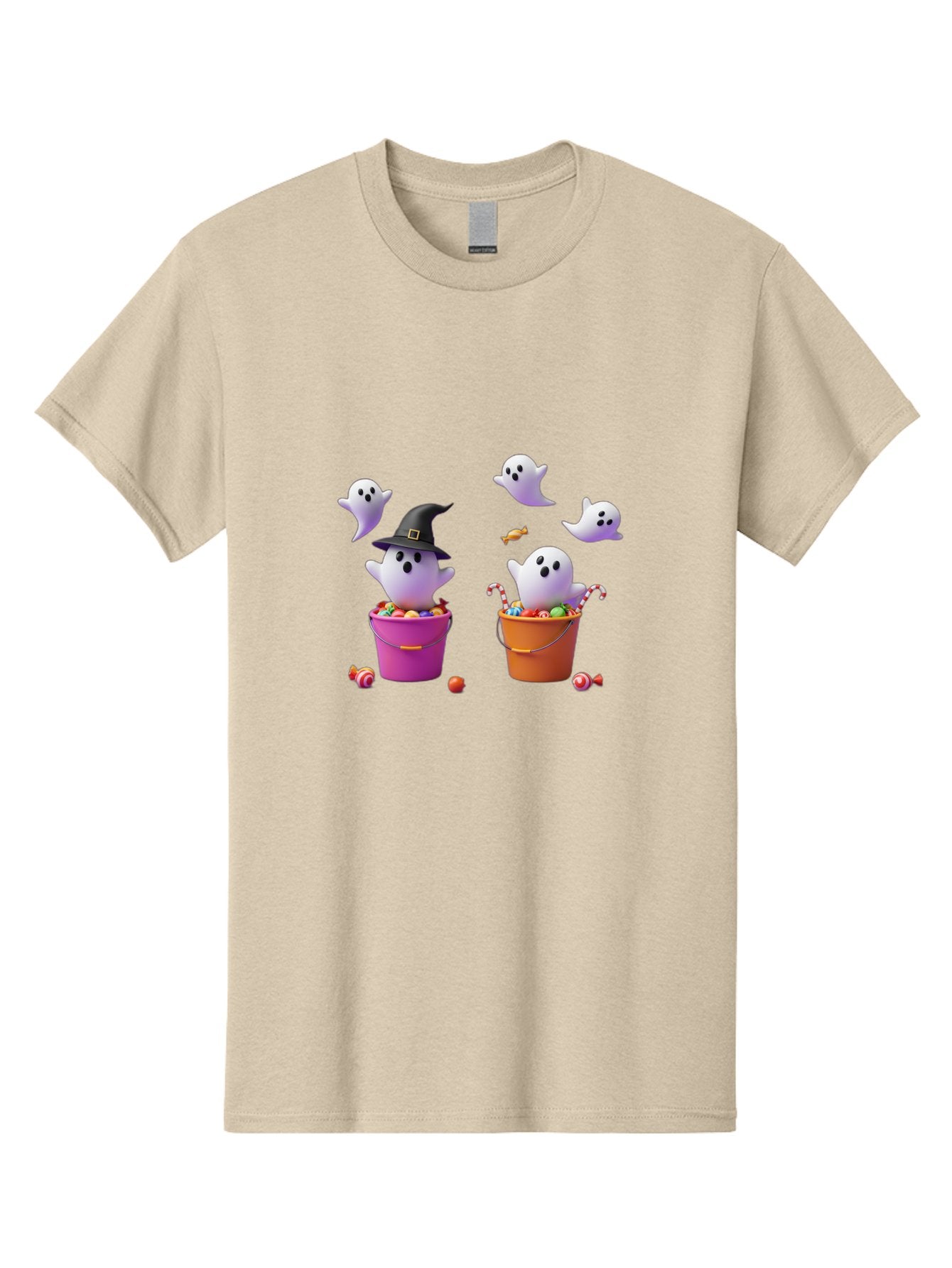 Ghosts-And-Buckets Men'S Graphic Tee, 100% Cotton, Comfortable Casual Summer Wear, Machine Washable, Halloween Ghosts, Candy-Filled Buckets, Witch Hat, Halloween Treats, Trick-Or-Treat, Spooky Decorations, Cartoon Style, Festive Atmosphere Bad137 6