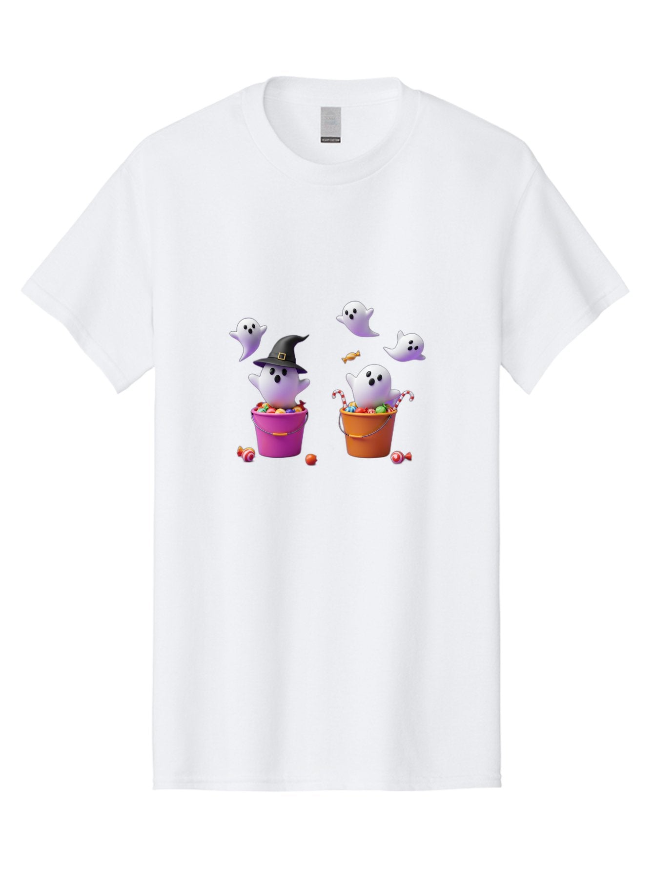 Ghosts-And-Buckets Men'S Graphic Tee, 100% Cotton, Comfortable Casual Summer Wear, Machine Washable, Halloween Ghosts, Candy-Filled Buckets, Witch Hat, Halloween Treats, Trick-Or-Treat, Spooky Decorations, Cartoon Style, Festive Atmosphere Bad137 14