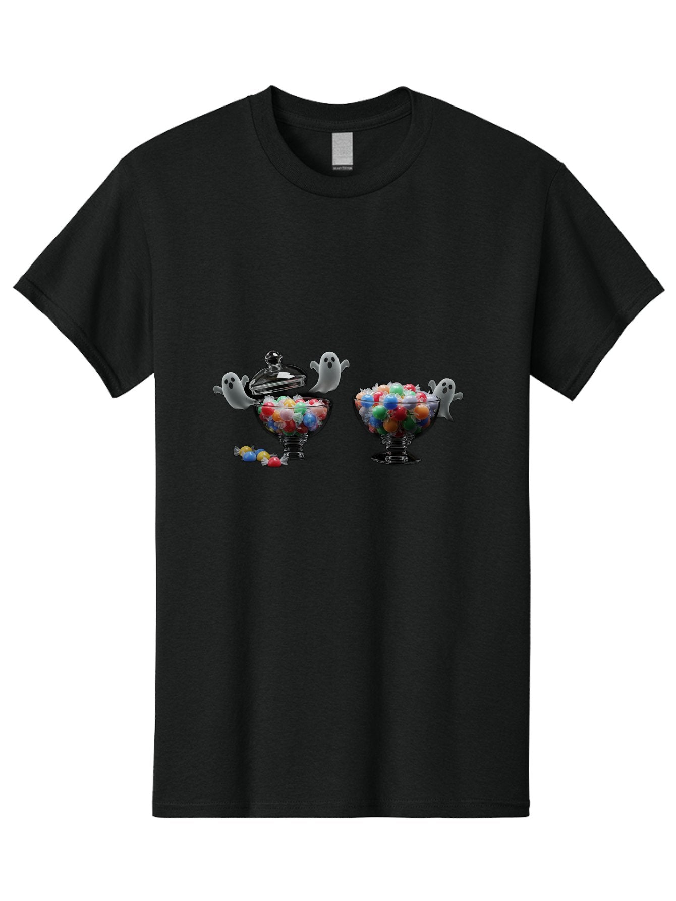 Ghosts-And-Gummies Men'S Graphic Tee, 100% Cotton, Comfortable Casual Summer Wear, Machine Washable, Candy Jars, Colorful Gummies, Halloween Treats, Jelly Beans, Ghostly Figures, Spooky Decorations, Candy Dish, Gummy Candies, Sweet Treats, Bad138 5