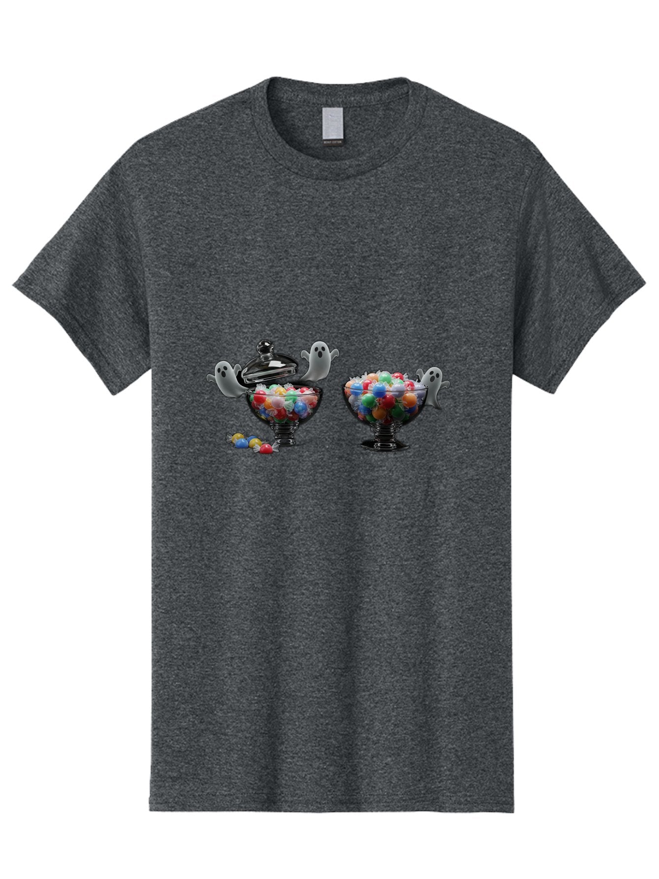 Ghosts-And-Gummies Men'S Graphic Tee, 100% Cotton, Comfortable Casual Summer Wear, Machine Washable, Candy Jars, Colorful Gummies, Halloween Treats, Jelly Beans, Ghostly Figures, Spooky Decorations, Candy Dish, Gummy Candies, Sweet Treats, Bad138