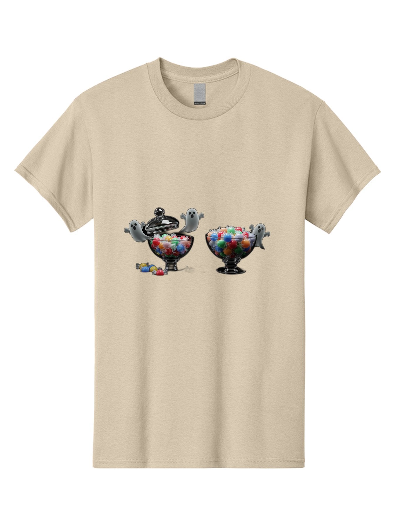 Ghosts-And-Gummies Men'S Graphic Tee, 100% Cotton, Comfortable Casual Summer Wear, Machine Washable, Candy Jars, Colorful Gummies, Halloween Treats, Jelly Beans, Ghostly Figures, Spooky Decorations, Candy Dish, Gummy Candies, Sweet Treats, Bad138 3