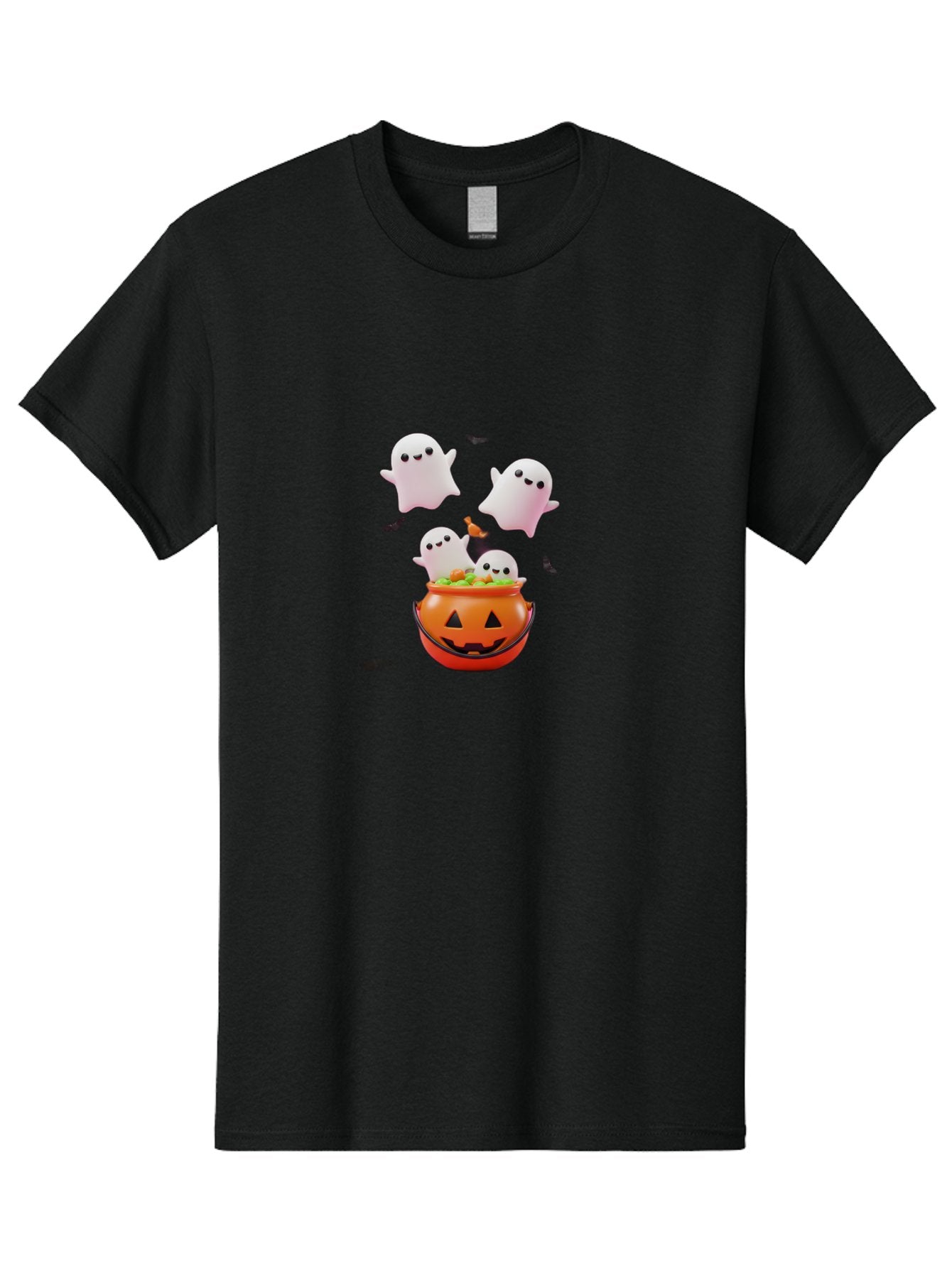 Ghosts-And-Jack-O-Lantern Men'S Graphic Tee, 100% Cotton, Comfortable Casual Summer Wear, Machine Washable, Halloween Ghosts, Candy Bucket, Pumpkin Decoration, Spooky Atmosphere, Cartoon-Style Illustration, Halloween Treats, Bad139