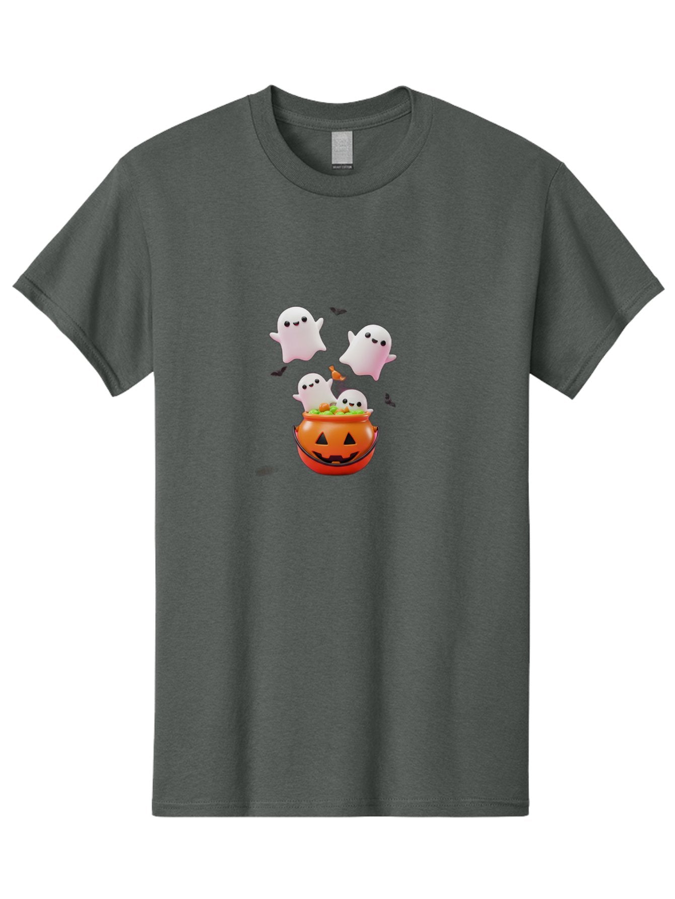 Ghosts-And-Jack-O-Lantern Men'S Graphic Tee, 100% Cotton, Comfortable Casual Summer Wear, Machine Washable, Halloween Ghosts, Candy Bucket, Pumpkin Decoration, Spooky Atmosphere, Cartoon-Style Illustration, Halloween Treats, Bad139 3