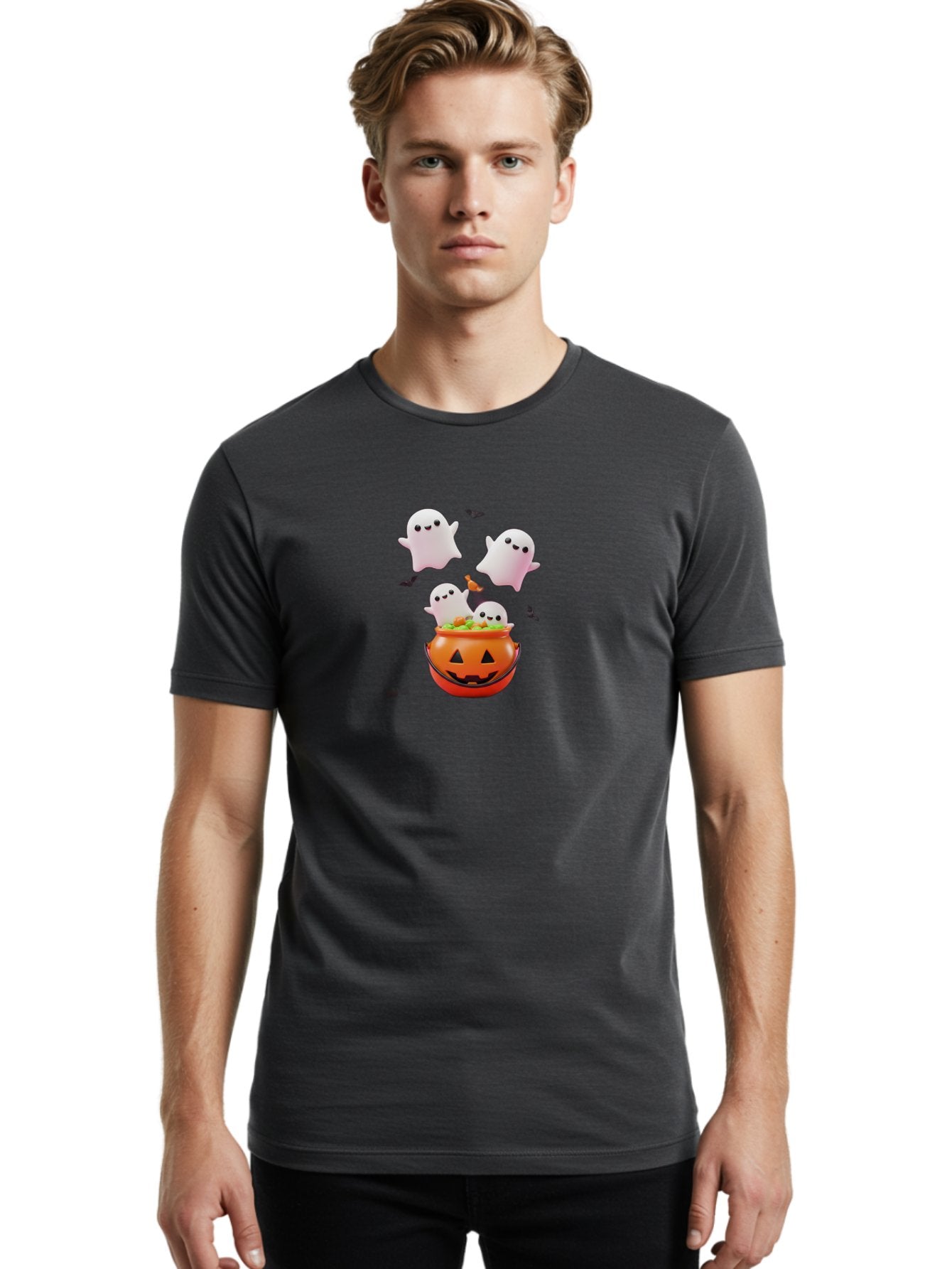 Ghosts-And-Jack-O-Lantern Men'S Graphic Tee, 100% Cotton, Comfortable Casual Summer Wear, Machine Washable, Halloween Ghosts, Candy Bucket, Pumpkin Decoration, Spooky Atmosphere, Cartoon-Style Illustration, Halloween Treats, Bad139 24