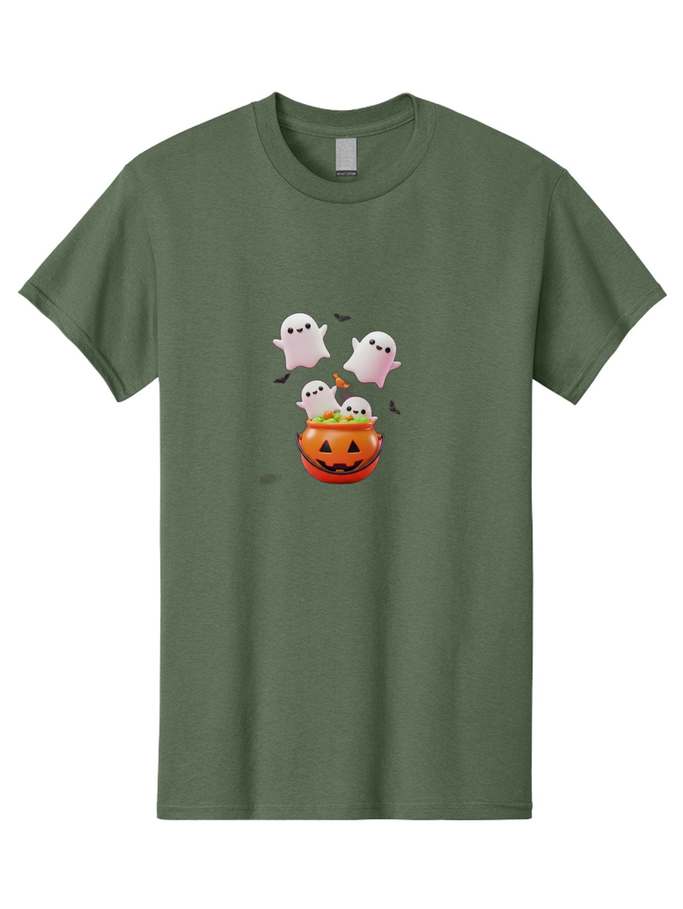 Ghosts-And-Jack-O-Lantern Men'S Graphic Tee, 100% Cotton, Comfortable Casual Summer Wear, Machine Washable, Halloween Ghosts, Candy Bucket, Pumpkin Decoration, Spooky Atmosphere, Cartoon-Style Illustration, Halloween Treats, Bad139 13