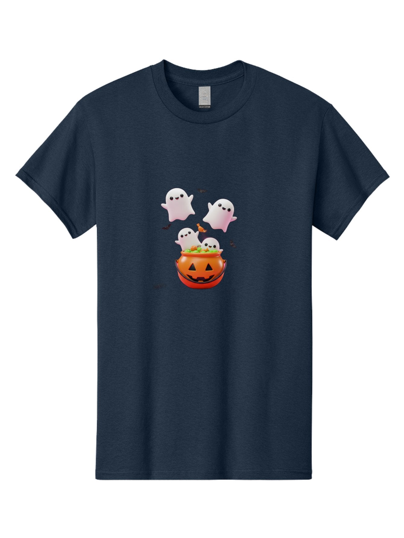Ghosts-And-Jack-O-Lantern Men'S Graphic Tee, 100% Cotton, Comfortable Casual Summer Wear, Machine Washable, Halloween Ghosts, Candy Bucket, Pumpkin Decoration, Spooky Atmosphere, Cartoon-Style Illustration, Halloween Treats, Bad139 7