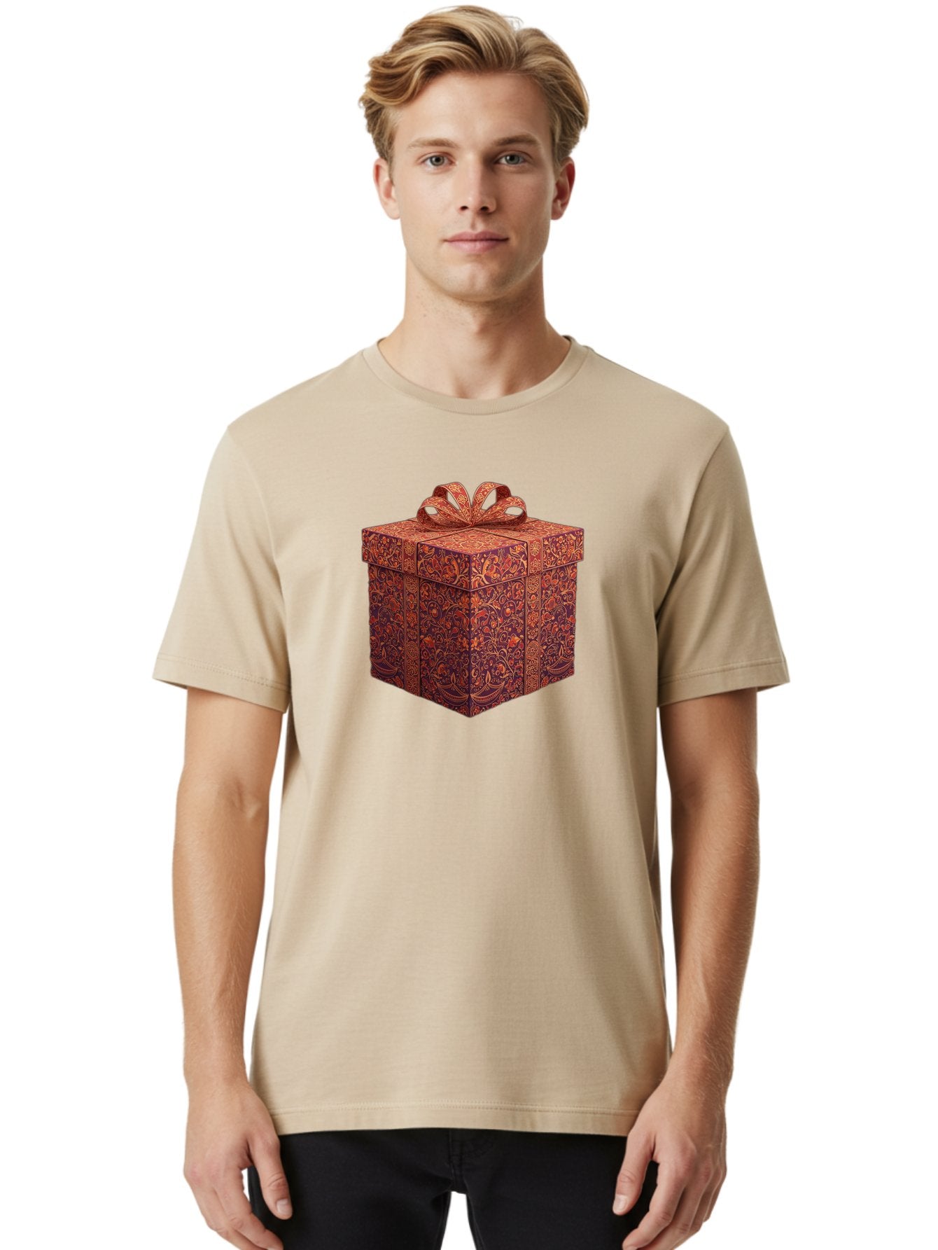 Gift-Box-1 Men'S Graphic Tee, 100% Cotton, Comfortable Casual Summer Wear, Machine Washable, Gift Box With Ribbon, Luxury Gift Wrapping, Red And Orange Floral Pattern, Beautiful Presentation, Intricate Designs, Gift Giving, Special Occasion Bad140 30