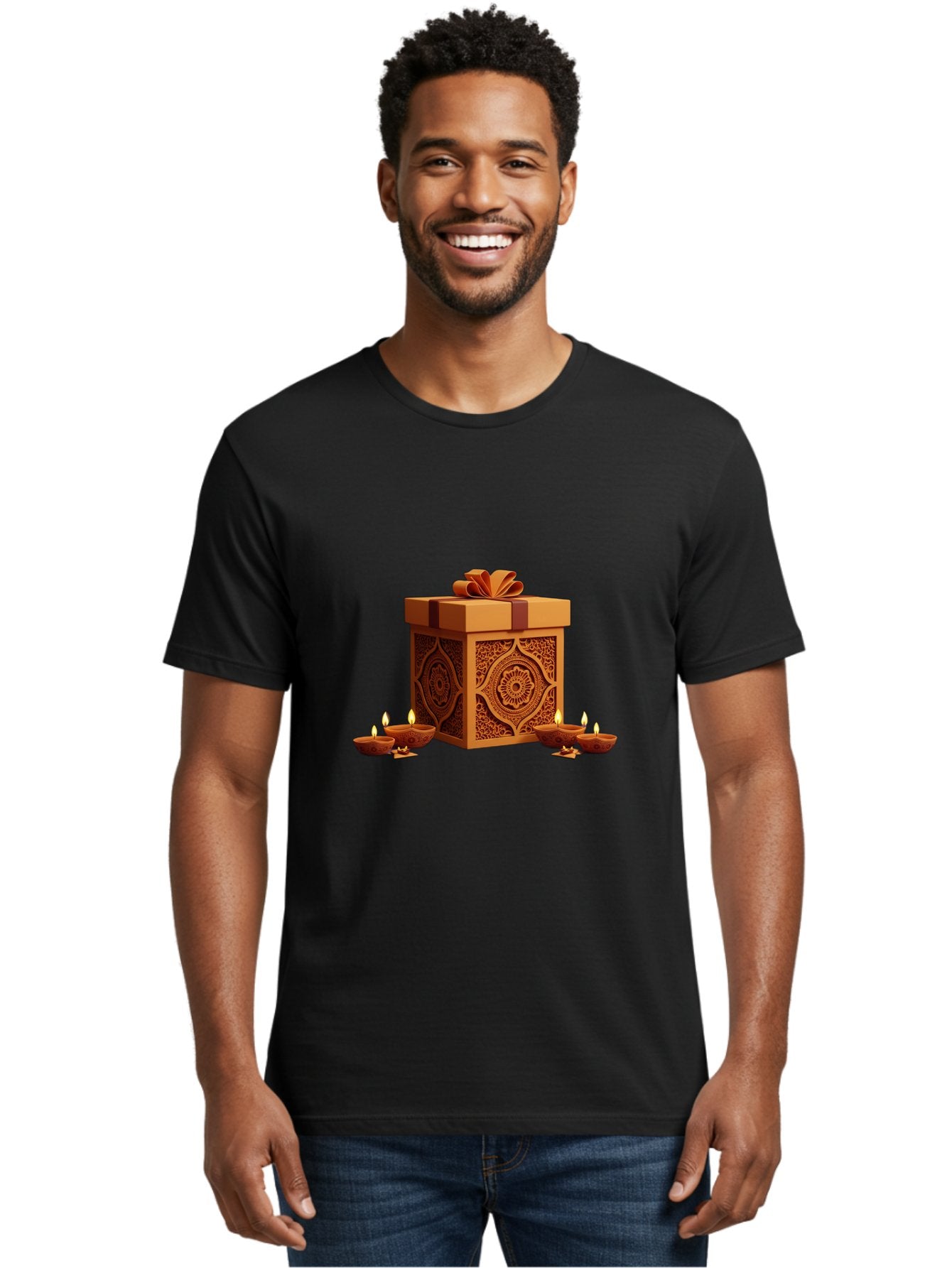 Gift-Box-With-Diyas-1 Men'S Graphic Tee, 100% Cotton, Comfortable Casual Summer Wear, Machine Washable, Gift Box, Diyas, Diwali Decorations, Traditional Indian Lamps, Festive Atmosphere, Golden Gift, Intricate Designs, Celebratory Ambiance, Bad141 27