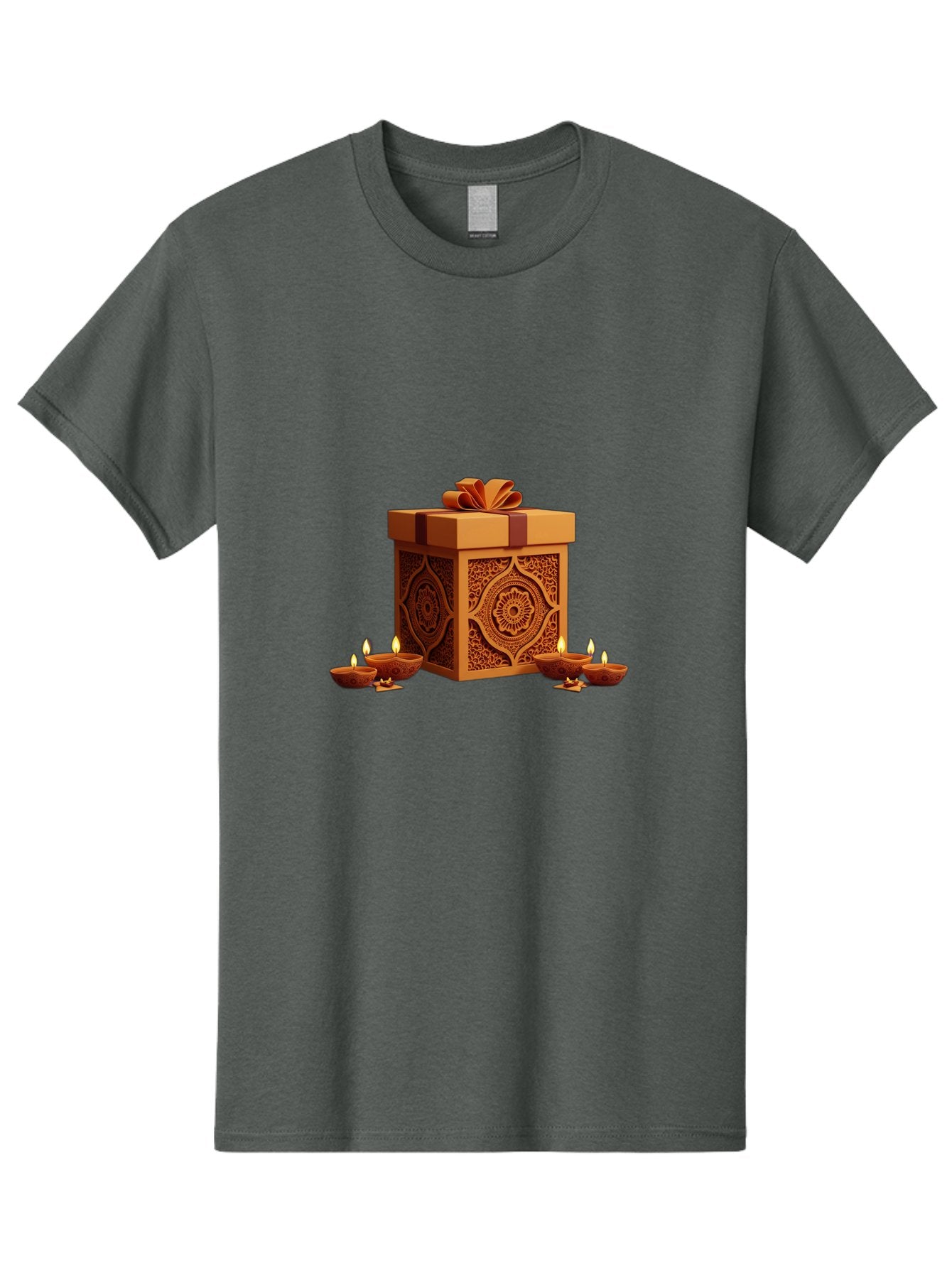 Gift-Box-With-Diyas-1 Men'S Graphic Tee, 100% Cotton, Comfortable Casual Summer Wear, Machine Washable, Gift Box, Diyas, Diwali Decorations, Traditional Indian Lamps, Festive Atmosphere, Golden Gift, Intricate Designs, Celebratory Ambiance, Bad141 10