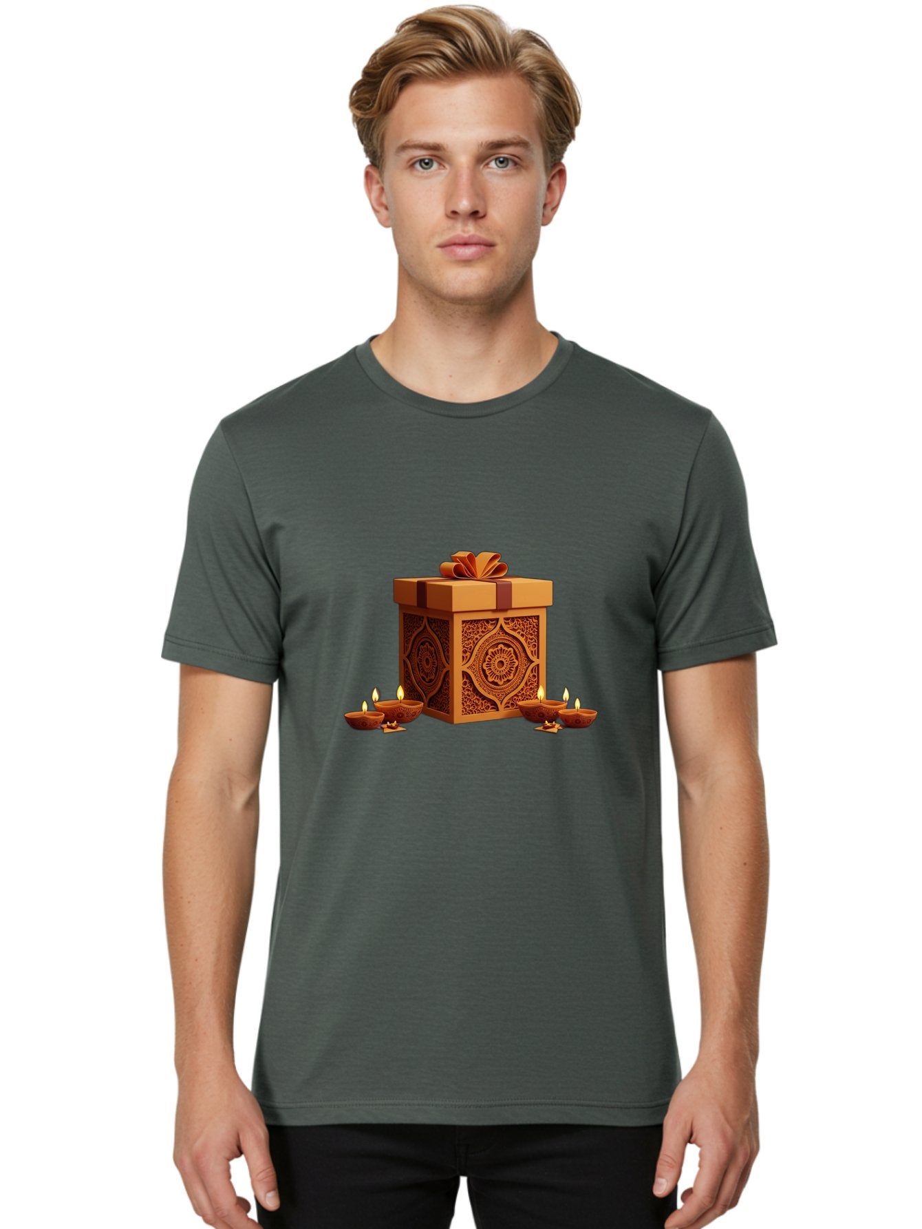 Gift-Box-With-Diyas-1 Men'S Graphic Tee, 100% Cotton, Comfortable Casual Summer Wear, Machine Washable, Gift Box, Diyas, Diwali Decorations, Traditional Indian Lamps, Festive Atmosphere, Golden Gift, Intricate Designs, Celebratory Ambiance, Bad141 17