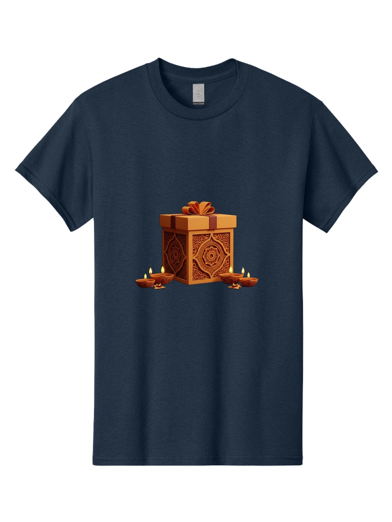 Gift-Box-With-Diyas-1 Men'S Graphic Tee, 100% Cotton, Comfortable Casual Summer Wear, Machine Washable, Gift Box, Diyas, Diwali Decorations, Traditional Indian Lamps, Festive Atmosphere, Golden Gift, Intricate Designs, Celebratory Ambiance, Bad141 5
