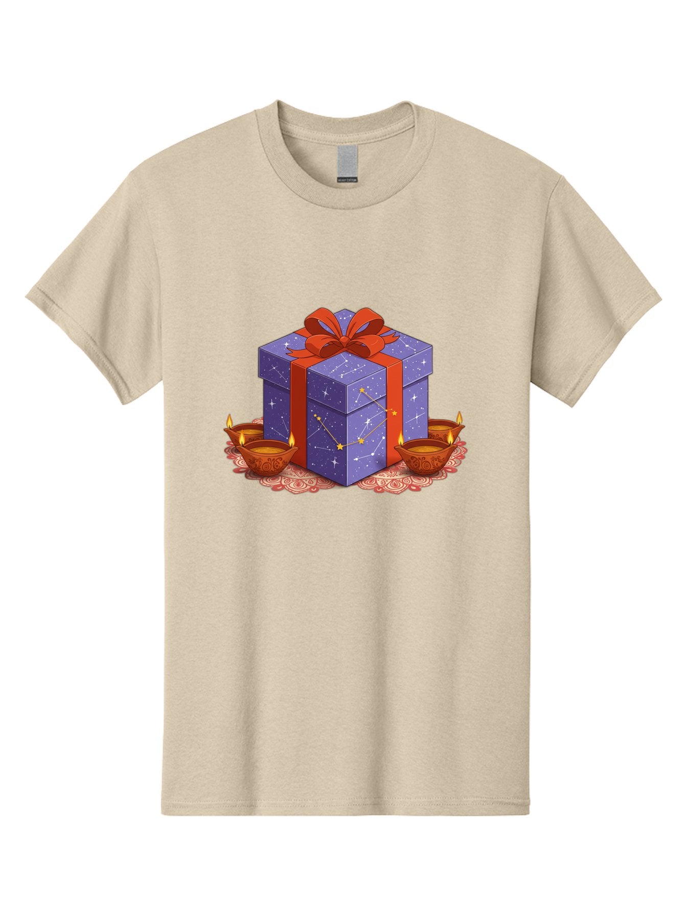 Gift-Box-With-Stars Men'S Graphic Tee, 100% Cotton, Comfortable Casual Summer Wear, Machine Washable, Gift Box With Stars, Constellation Pattern, Diyas With Candles, Festive Celebration, Decorative Elements, Traditional Indian Culture, Bad143 4