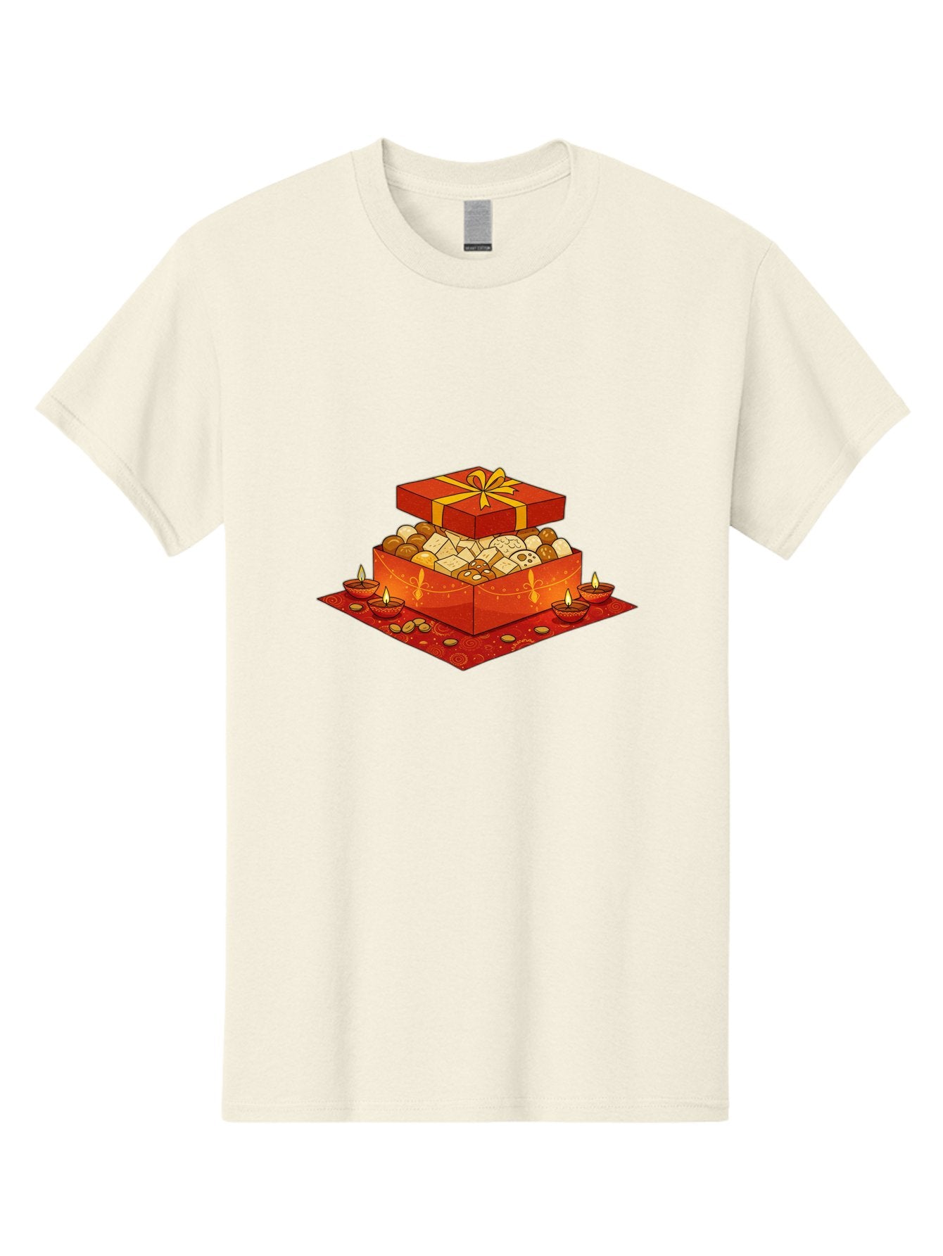 Gift-Box-With-Sweets Men'S Graphic Tee, 100% Cotton, Comfortable Casual Summer Wear, Machine Washable, Gift Box, Diwali Sweets, Traditional Indian Sweets, Mithai, Diwali Celebration, Lit Diyas, Festive Atmosphere, Red Gift Box, Yellow Ribbon Bad144 6