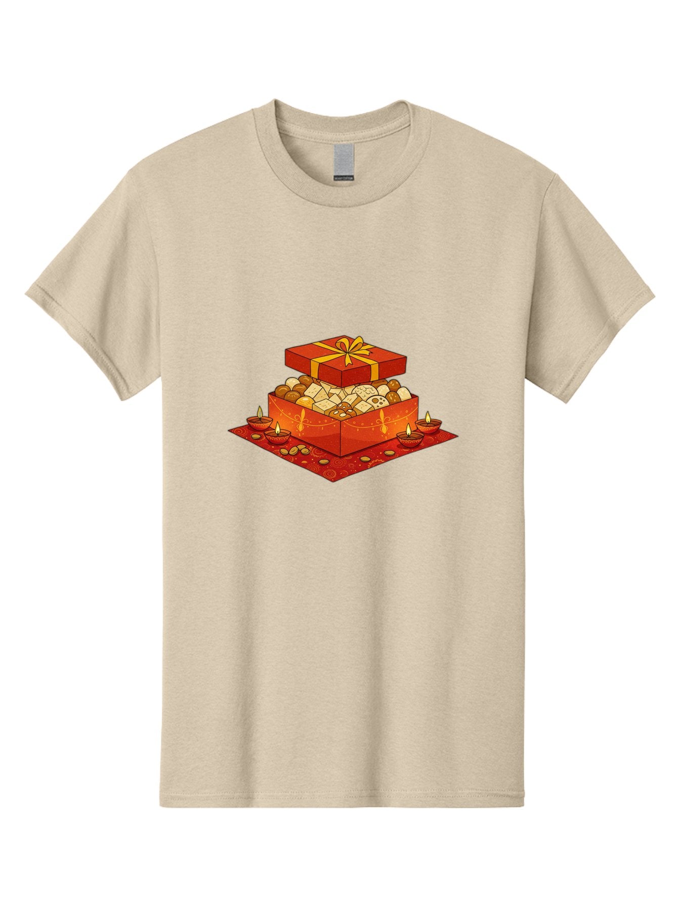 Gift-Box-With-Sweets Men'S Graphic Tee, 100% Cotton, Comfortable Casual Summer Wear, Machine Washable, Gift Box, Diwali Sweets, Traditional Indian Sweets, Mithai, Diwali Celebration, Lit Diyas, Festive Atmosphere, Red Gift Box, Yellow Ribbon Bad144 13