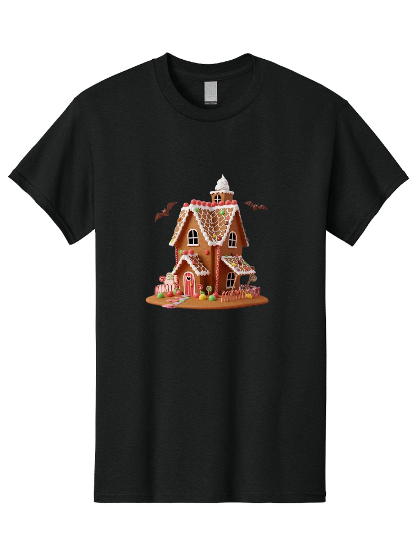 Gingerbread-House Men'S Graphic Tee, 100% Cotton, Comfortable Casual Summer Wear, Machine Washable, Gingerbread House, Holiday Treat, Festive Dessert, Candy Decorations, Icing Details, Red And White Candy, Holiday Sweets, Christmas Cookie, Bad148 5