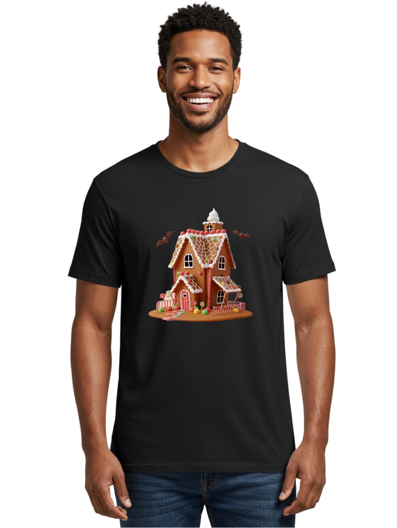 Gingerbread-House Men'S Graphic Tee, 100% Cotton, Comfortable Casual Summer Wear, Machine Washable, Gingerbread House, Holiday Treat, Festive Dessert, Candy Decorations, Icing Details, Red And White Candy, Holiday Sweets, Christmas Cookie, Bad148 23