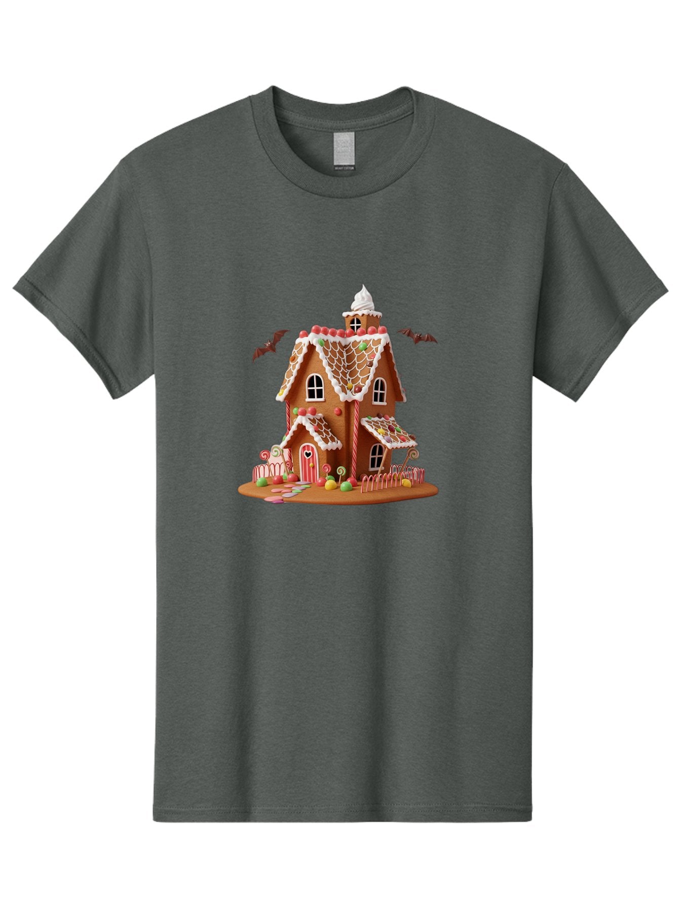 Gingerbread-House Men'S Graphic Tee, 100% Cotton, Comfortable Casual Summer Wear, Machine Washable, Gingerbread House, Holiday Treat, Festive Dessert, Candy Decorations, Icing Details, Red And White Candy, Holiday Sweets, Christmas Cookie, Bad148
