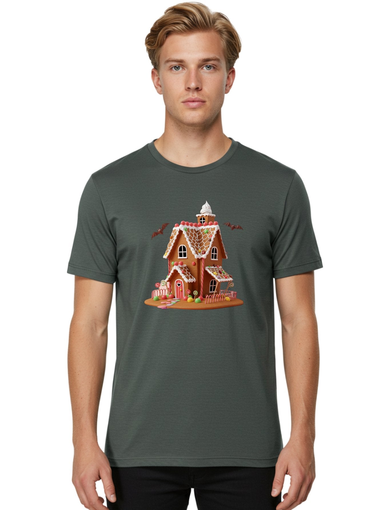 Gingerbread-House Men'S Graphic Tee, 100% Cotton, Comfortable Casual Summer Wear, Machine Washable, Gingerbread House, Holiday Treat, Festive Dessert, Candy Decorations, Icing Details, Red And White Candy, Holiday Sweets, Christmas Cookie, Bad148 19
