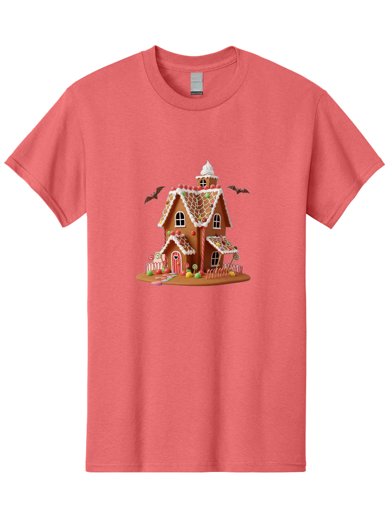 Gingerbread-House Men'S Graphic Tee, 100% Cotton, Comfortable Casual Summer Wear, Machine Washable, Gingerbread House, Holiday Treat, Festive Dessert, Candy Decorations, Icing Details, Red And White Candy, Holiday Sweets, Christmas Cookie, Bad148 3