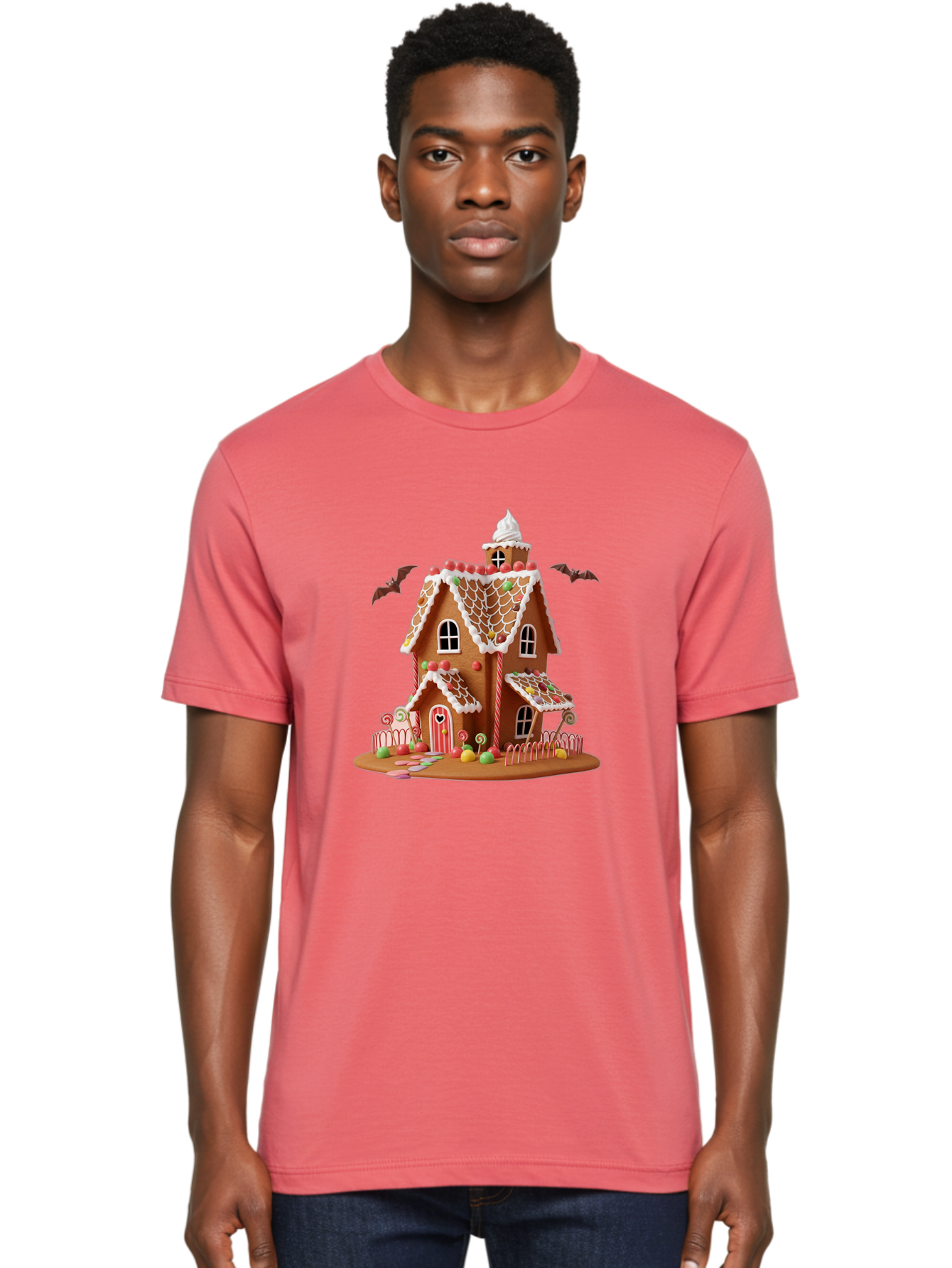 Gingerbread-House Men'S Graphic Tee, 100% Cotton, Comfortable Casual Summer Wear, Machine Washable, Gingerbread House, Holiday Treat, Festive Dessert, Candy Decorations, Icing Details, Red And White Candy, Holiday Sweets, Christmas Cookie, Bad148 18