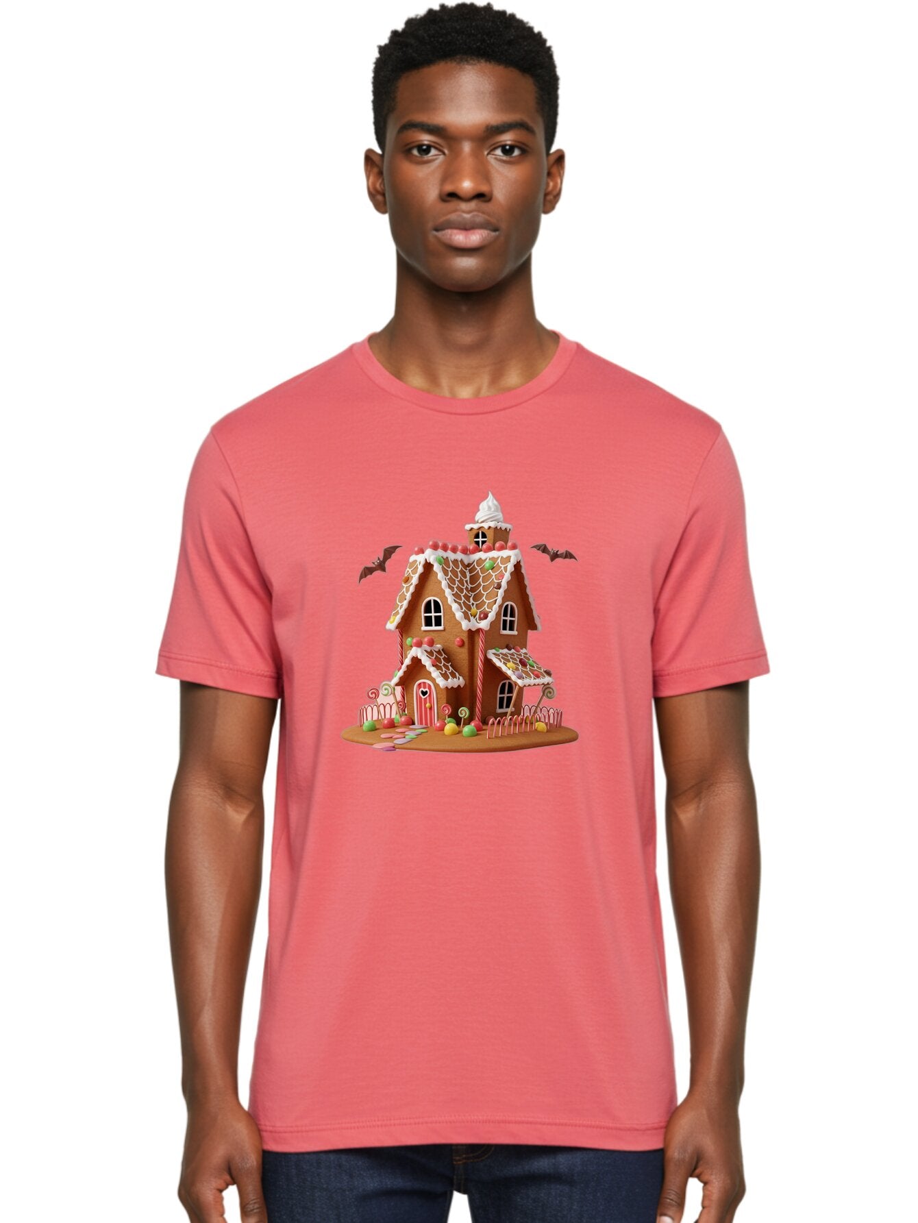 Gingerbread-House Men'S Graphic Tee, 100% Cotton, Comfortable Casual Summer Wear, Machine Washable, Gingerbread House, Holiday Treat, Festive Dessert, Candy Decorations, Icing Details, Red And White Candy, Holiday Sweets, Christmas Cookie, Bad148 28