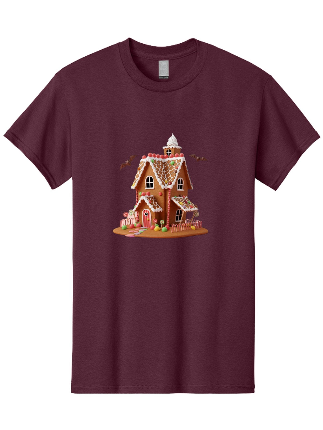Gingerbread-House Men'S Graphic Tee, 100% Cotton, Comfortable Casual Summer Wear, Machine Washable, Gingerbread House, Holiday Treat, Festive Dessert, Candy Decorations, Icing Details, Red And White Candy, Holiday Sweets, Christmas Cookie, Bad148