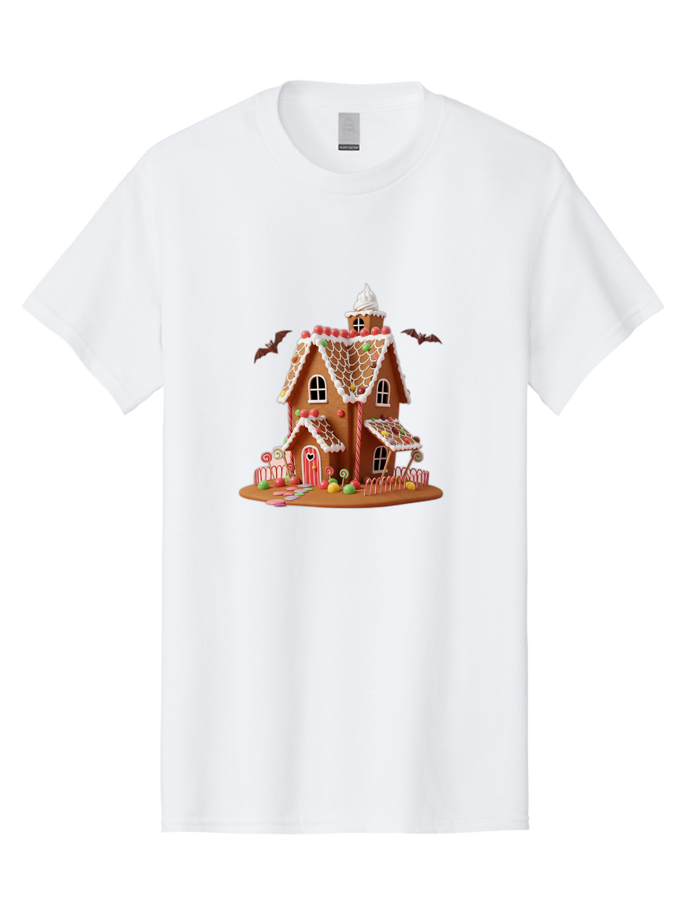 Gingerbread-House Men'S Graphic Tee, 100% Cotton, Comfortable Casual Summer Wear, Machine Washable, Gingerbread House, Holiday Treat, Festive Dessert, Candy Decorations, Icing Details, Red And White Candy, Holiday Sweets, Christmas Cookie, Bad148