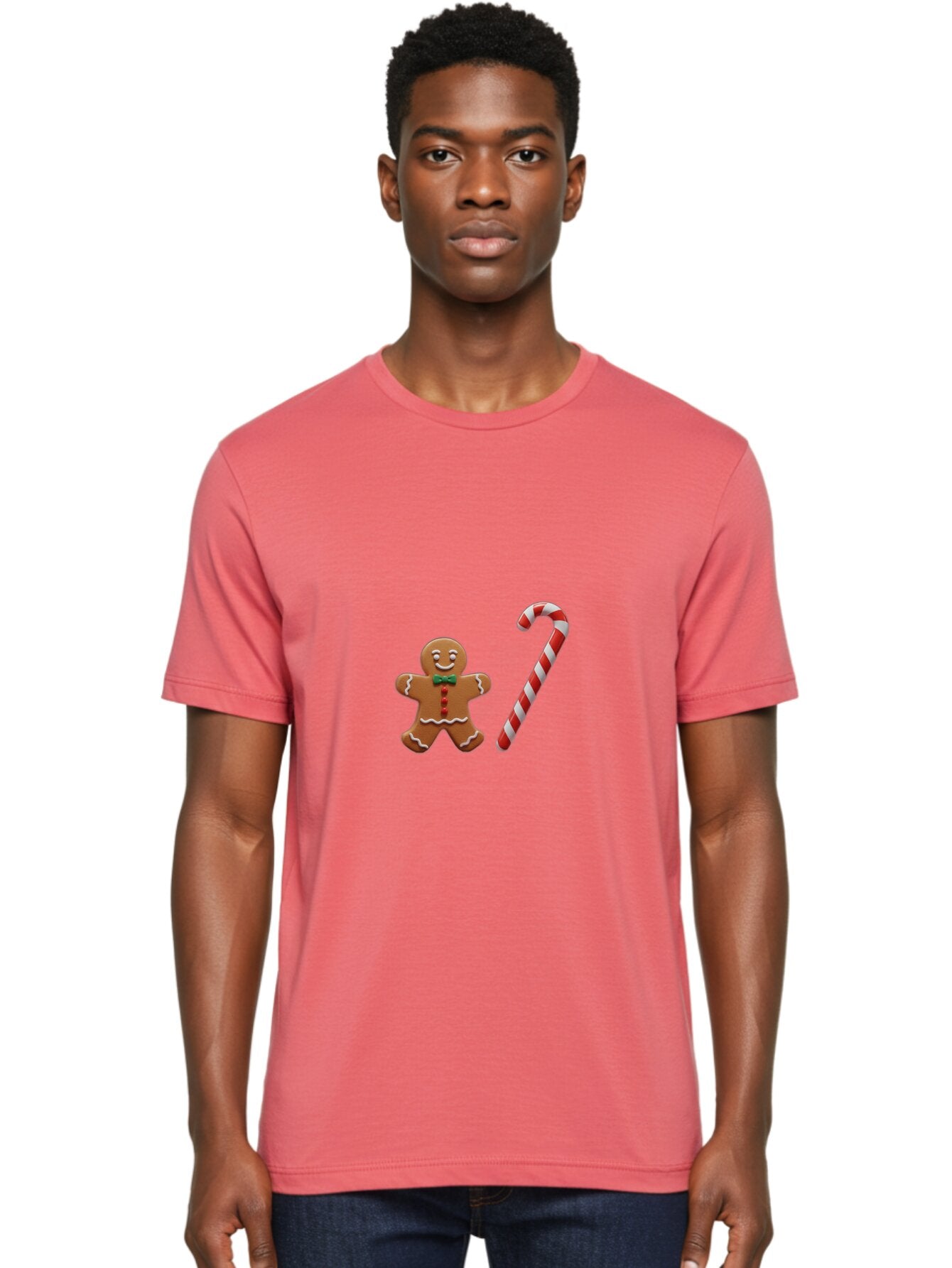 Gingerbread-Man-Candy-Cane Men'S Graphic Tee, 100% Cotton, Comfortable Casual Summer Wear, Machine Washable, Gingerbread Man, Candy Cane, Holiday Treats, Festive Sweets, Christmas Cookie, Red And White, Sweet Delights, Festive Decorations, Bad149 24