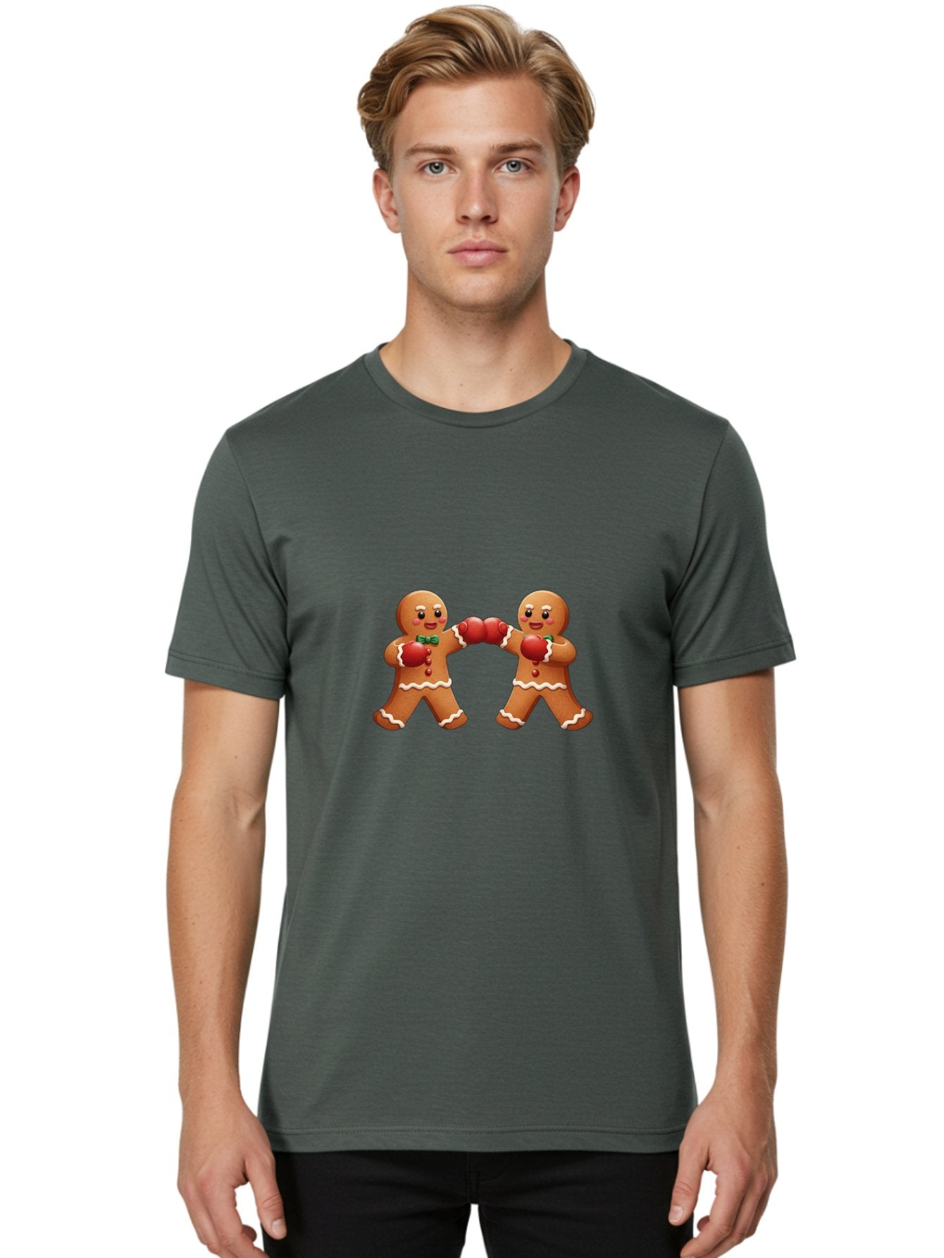 Gingerbread-Men-Boxing Men'S Graphic Tee, 100% Cotton, Comfortable Casual Summer Wear, Machine Washable, Gingerbread Man, Festive Characters, Holiday Treats, Boxing Gloves, Fighting Pose, Christmas Sweets, Baked Goods, Sweet Illustrations, Bad150 25