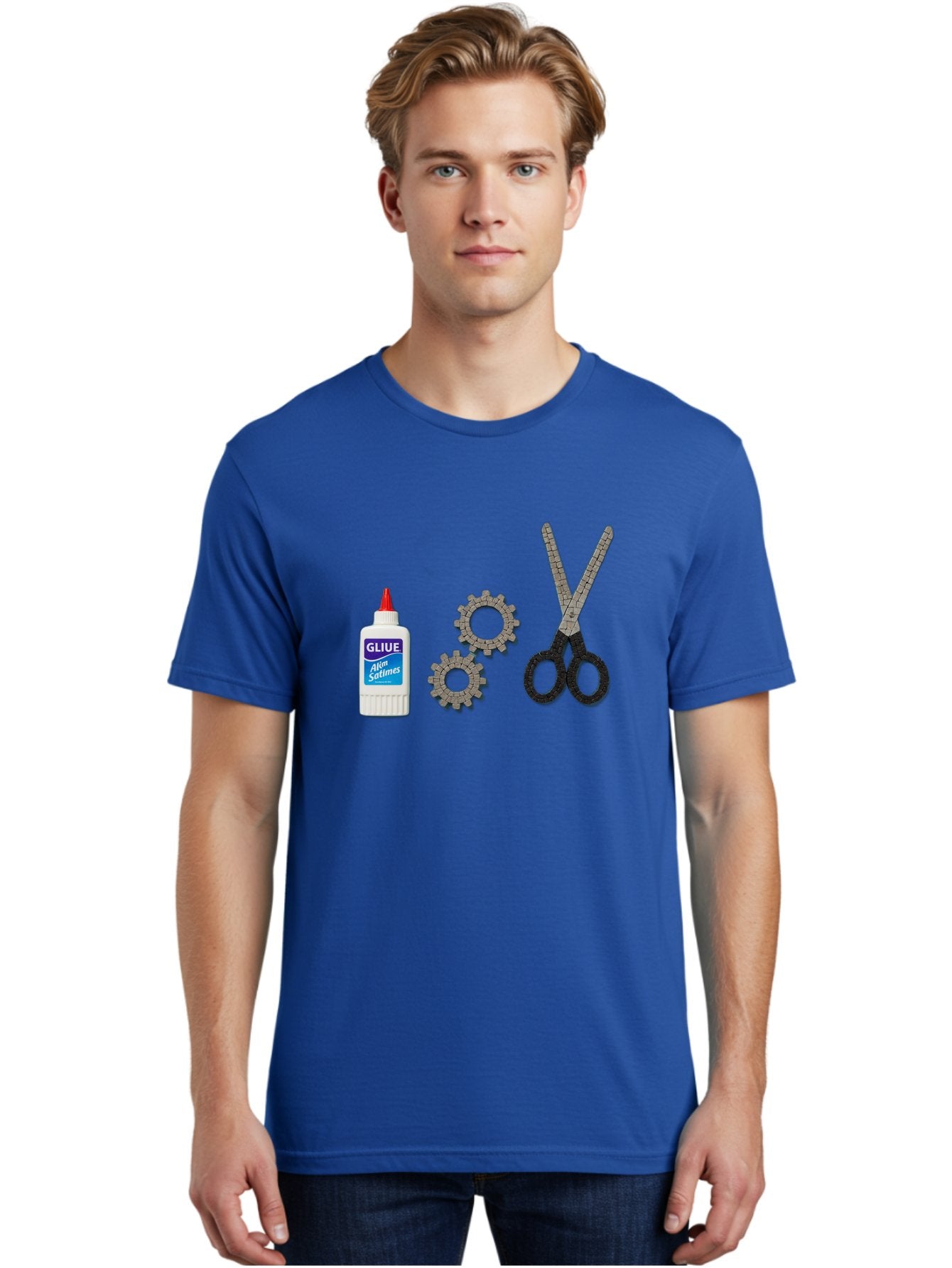 Gliue Men'S Graphic Tee, 100% Cotton, Comfortable Casual Summer Wear, Machine Washable, Bottle Of Glue, Scissors With Ruler Blades, Cogs, Crafting Supplies, Diy Project, Office Stationery, Repair Tools, Mechanical Parts, Art Project, Bad151 28