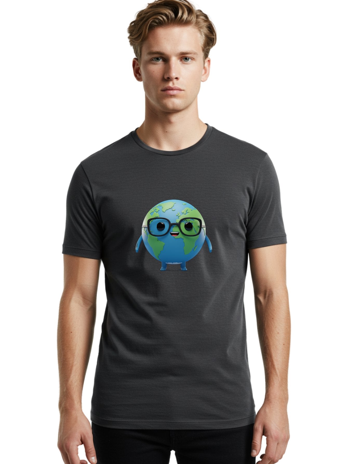 Globe-With-Glasses Men'S Graphic Tee, 100% Cotton, Comfortable Casual Summer Wear, Machine Washable, Cartoon Globe, 3D World Map, Nerdy Planet, Glasses-Wearing Earth, Anthropomorphic Globe, Cute Character Design, Fun Illustration, Bad152 26