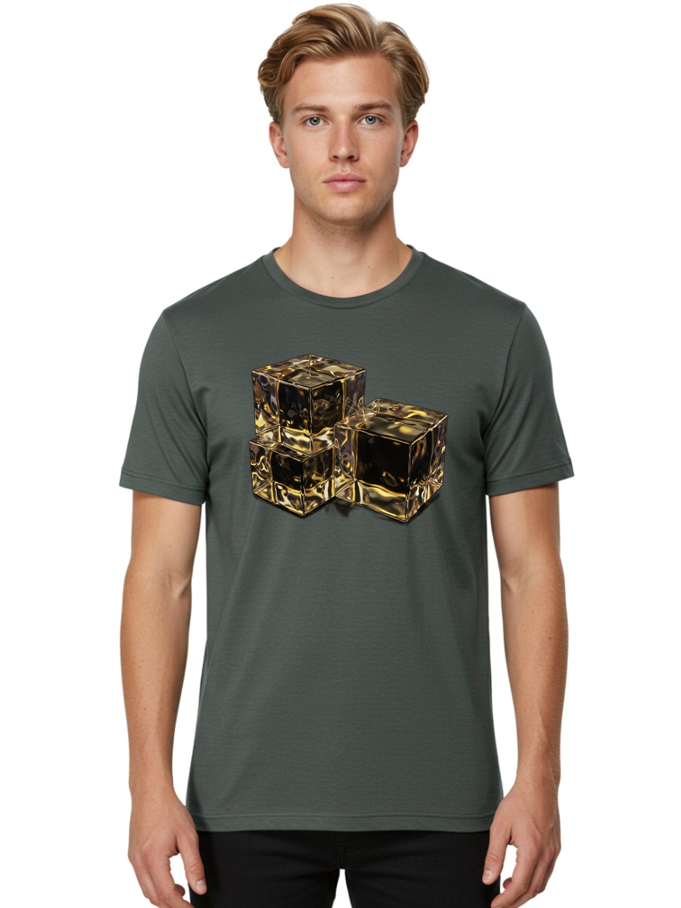 Gold-Cubes Men'S Graphic Tee, 100% Cotton, Comfortable Casual Summer Wear, Machine Washable, Glass Cubes, Reflective Surface, Abstract Art, Modern Design, Geometric Shapes, Transparent Objects, Luxury Feel, Contemporary Aesthetics Bad155 28