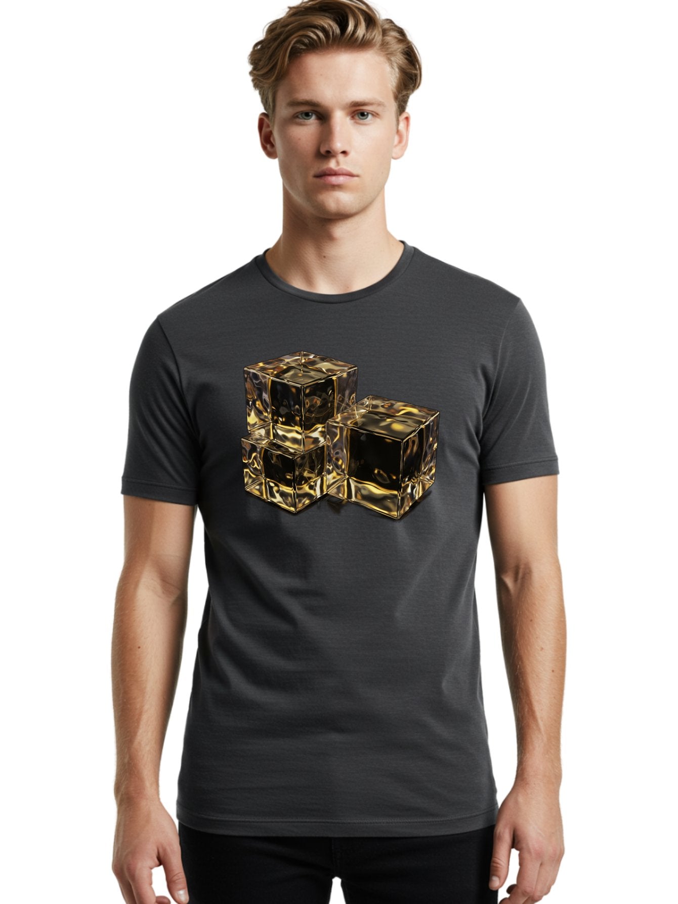 Gold-Cubes Men'S Graphic Tee, 100% Cotton, Comfortable Casual Summer Wear, Machine Washable, Glass Cubes, Reflective Surface, Abstract Art, Modern Design, Geometric Shapes, Transparent Objects, Luxury Feel, Contemporary Aesthetics Bad155 20