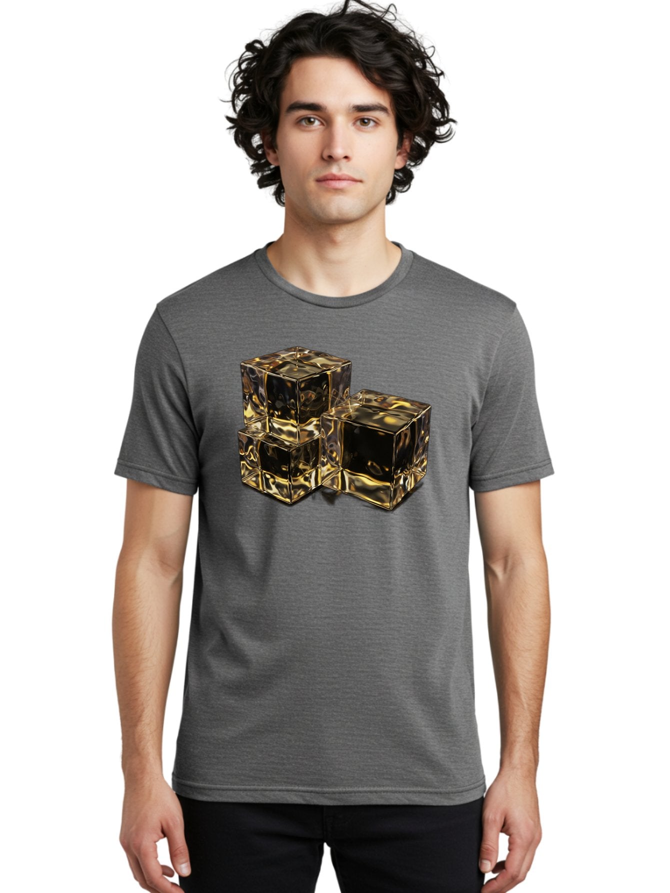 Gold-Cubes Men'S Graphic Tee, 100% Cotton, Comfortable Casual Summer Wear, Machine Washable, Glass Cubes, Reflective Surface, Abstract Art, Modern Design, Geometric Shapes, Transparent Objects, Luxury Feel, Contemporary Aesthetics Bad155 23