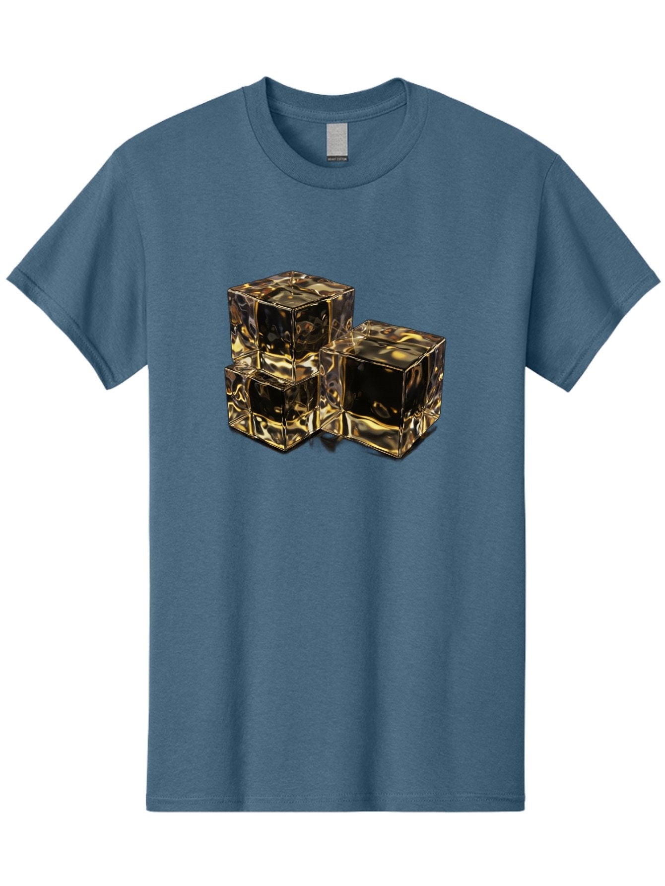 Gold-Cubes Men'S Graphic Tee, 100% Cotton, Comfortable Casual Summer Wear, Machine Washable, Glass Cubes, Reflective Surface, Abstract Art, Modern Design, Geometric Shapes, Transparent Objects, Luxury Feel, Contemporary Aesthetics Bad155