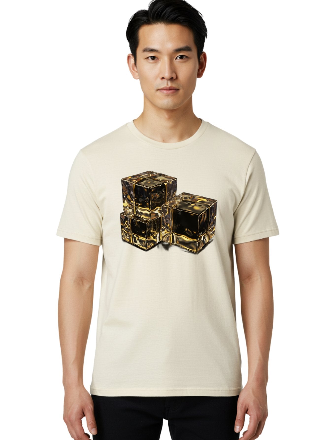 Gold-Cubes Men'S Graphic Tee, 100% Cotton, Comfortable Casual Summer Wear, Machine Washable, Glass Cubes, Reflective Surface, Abstract Art, Modern Design, Geometric Shapes, Transparent Objects, Luxury Feel, Contemporary Aesthetics Bad155 22