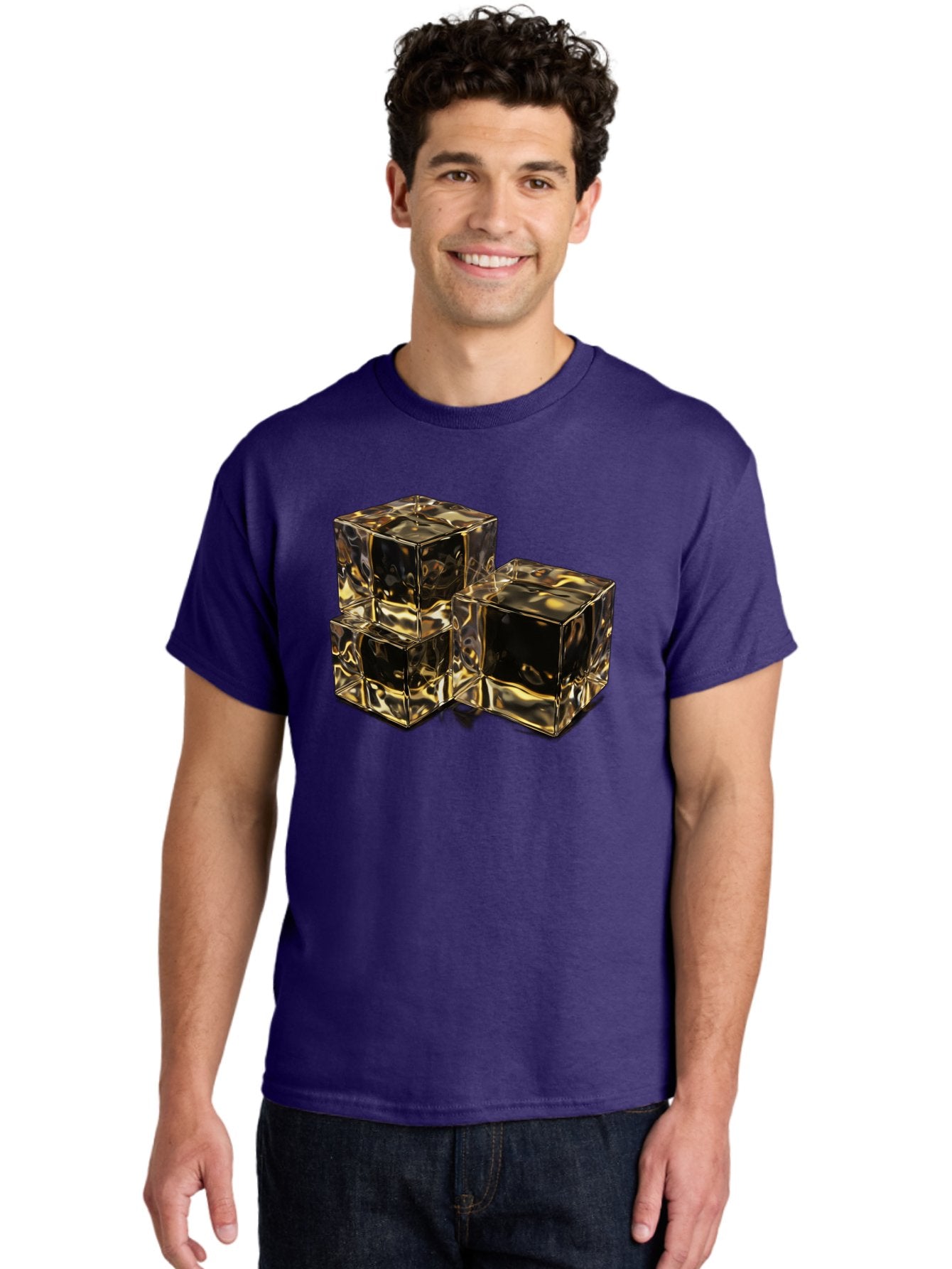 Gold-Cubes Men'S Graphic Tee, 100% Cotton, Comfortable Casual Summer Wear, Machine Washable, Glass Cubes, Reflective Surface, Abstract Art, Modern Design, Geometric Shapes, Transparent Objects, Luxury Feel, Contemporary Aesthetics Bad155 25