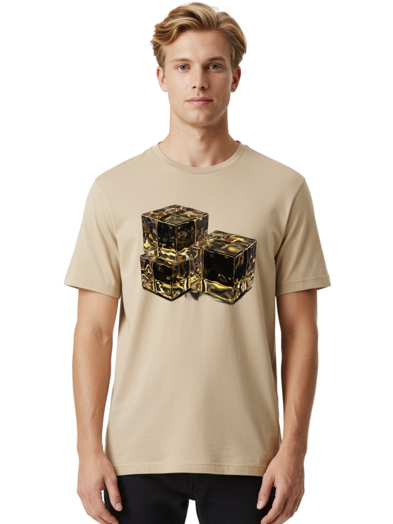 Gold-Cubes Men'S Graphic Tee, 100% Cotton, Comfortable Casual Summer Wear, Machine Washable, Glass Cubes, Reflective Surface, Abstract Art, Modern Design, Geometric Shapes, Transparent Objects, Luxury Feel, Contemporary Aesthetics Bad155 17