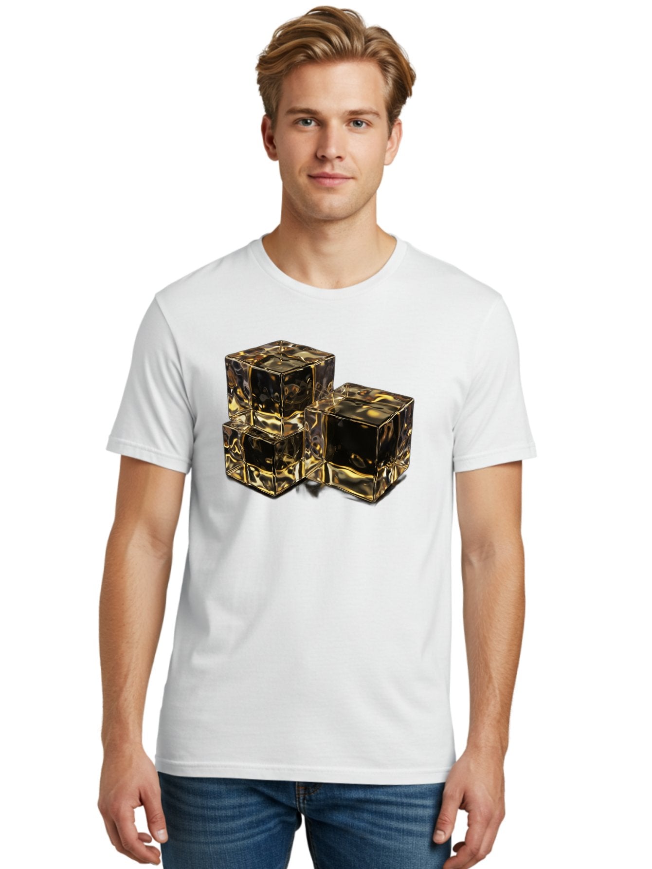 Gold-Cubes Men'S Graphic Tee, 100% Cotton, Comfortable Casual Summer Wear, Machine Washable, Glass Cubes, Reflective Surface, Abstract Art, Modern Design, Geometric Shapes, Transparent Objects, Luxury Feel, Contemporary Aesthetics Bad155 29