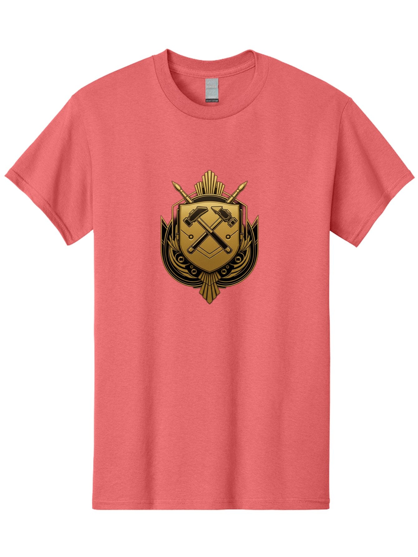 Gold-Shield-Crest Men'S Graphic Tee, 100% Cotton, Comfortable Casual Summer Wear, Machine Washable, Shield Emblem, Crossed Hammers, Carpentry Tools, Construction Industry, Craftsmanship, Black And Gold Design, Symbolic Crest, Bad156 12